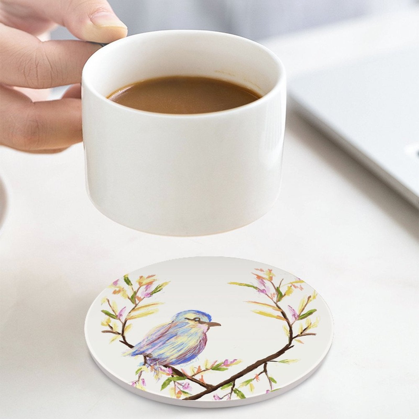 Watercolor Bird Round Ceramic Coaster - Blue Cava