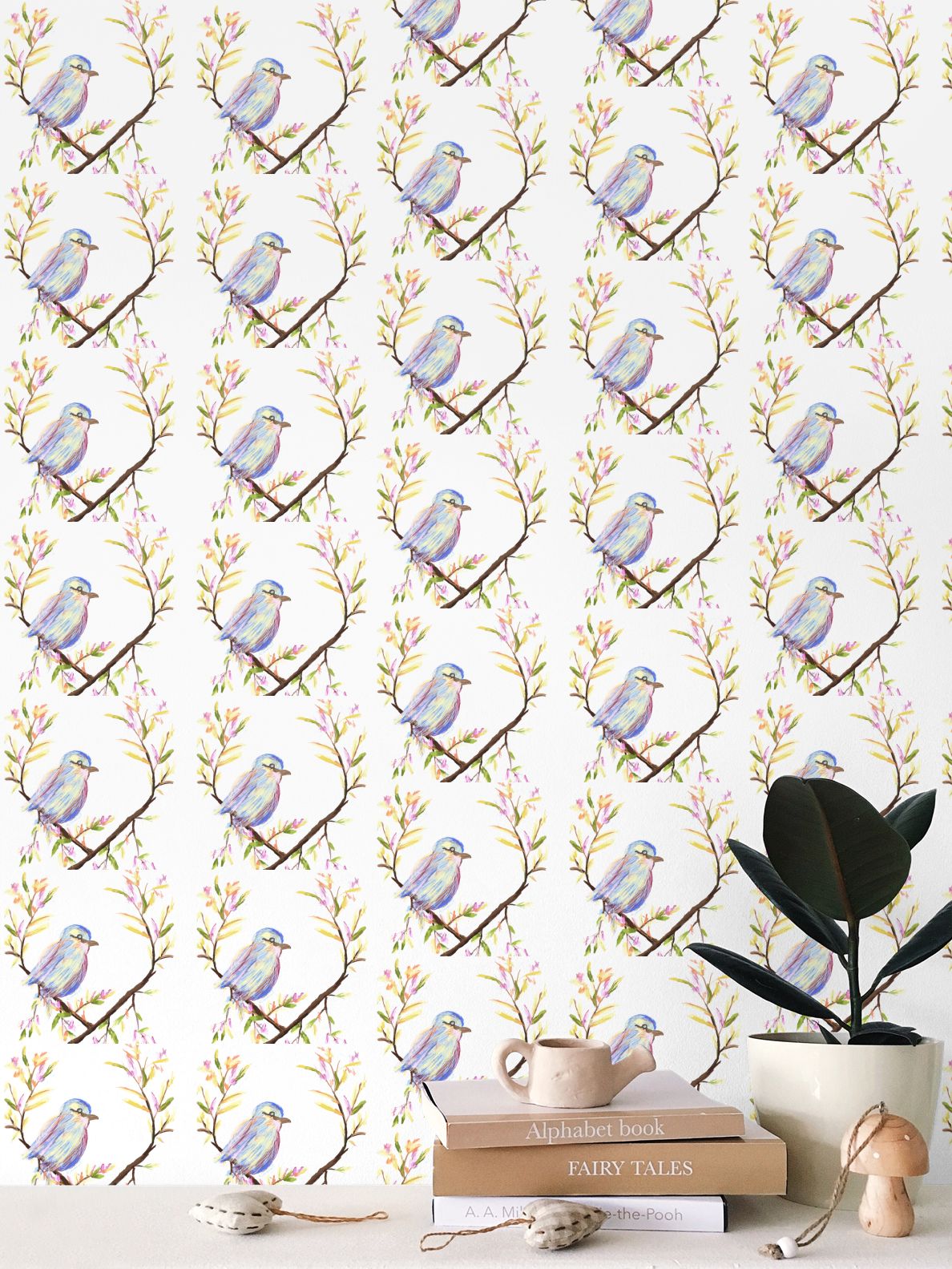 Watercolor Bird Wallpaper - Blue Cava