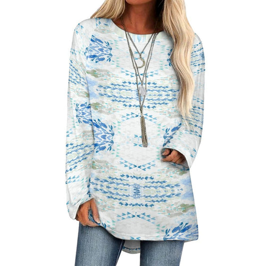 Watercolor Long Sleeve U - Neck Shirts - Blue Cava