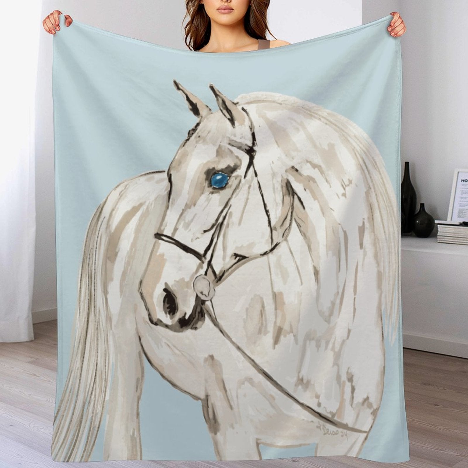 White Horse “Raine” Flannel Blanket - Blue Cava