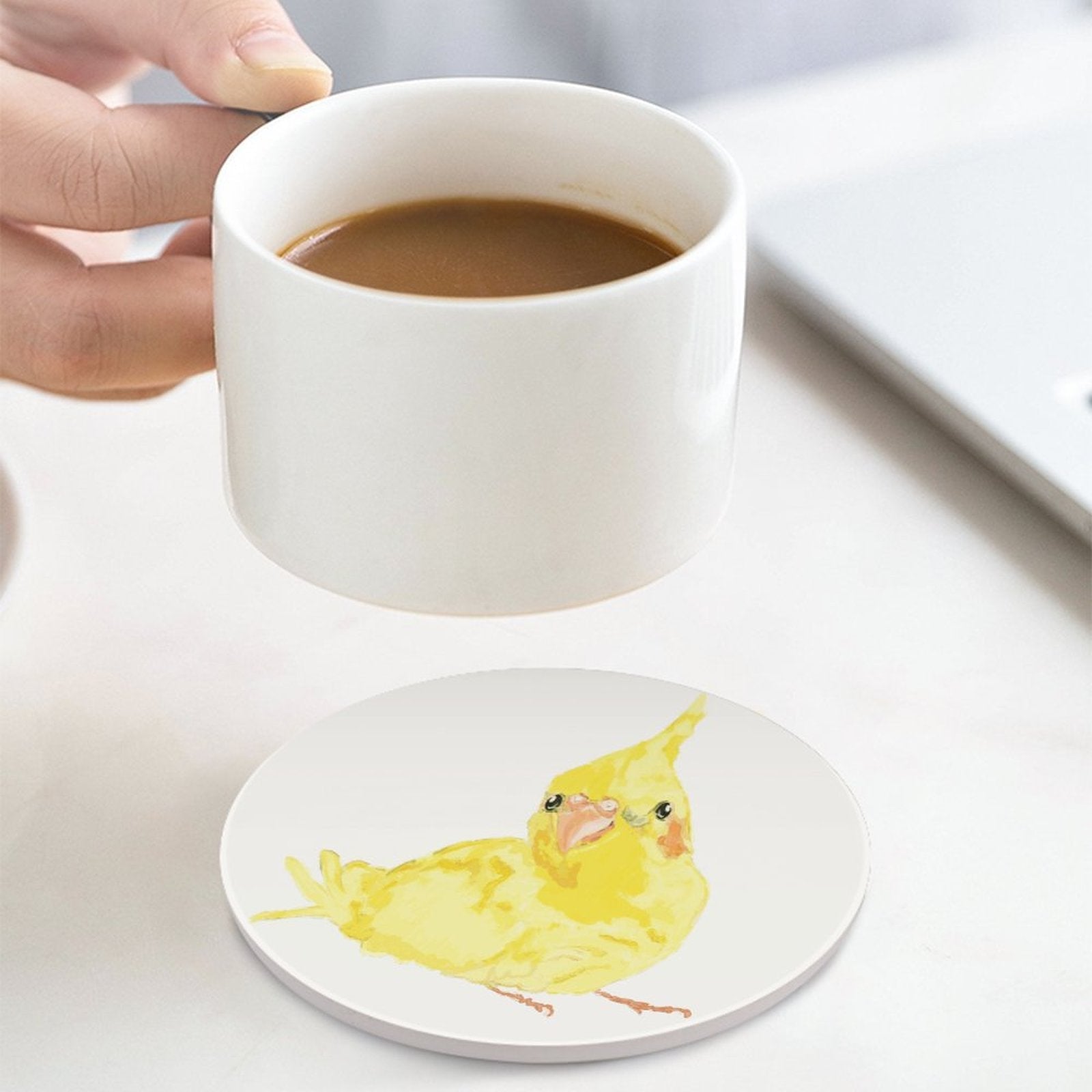 Yellow Parakeet Round Ceramic Coaster Sets - Blue Cava