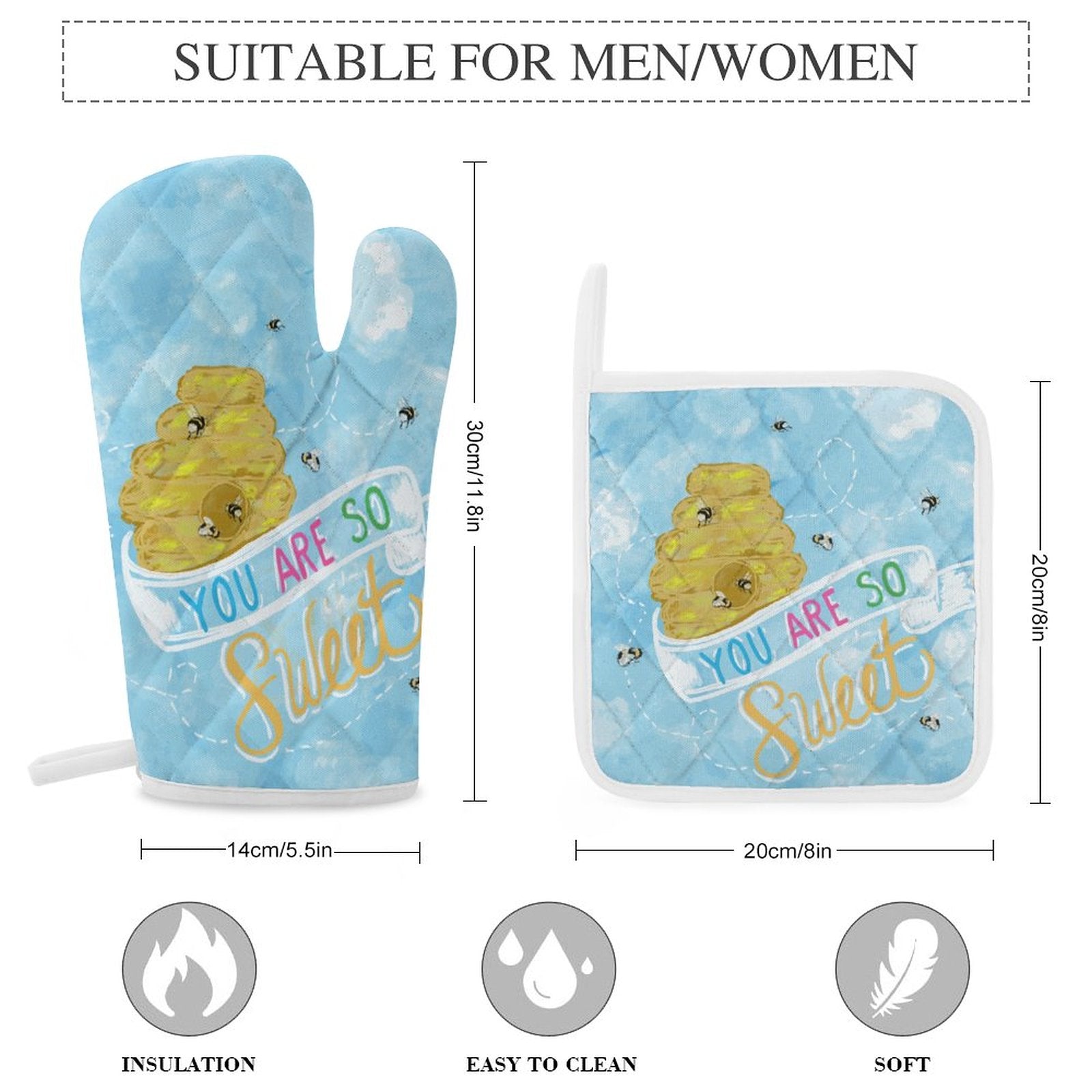 You Are So Sweet Bee Oven Mitts & Pot Holder Set - Blue Cava