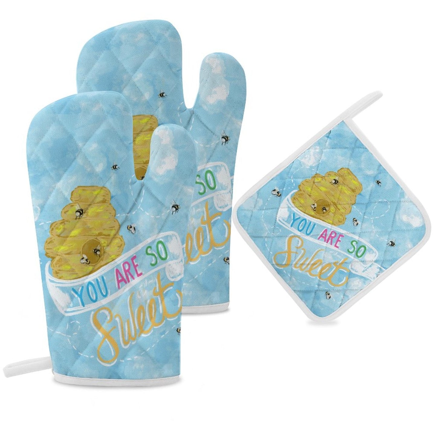 You Are So Sweet Bee Oven Mitts & Pot Holder Set - Blue Cava