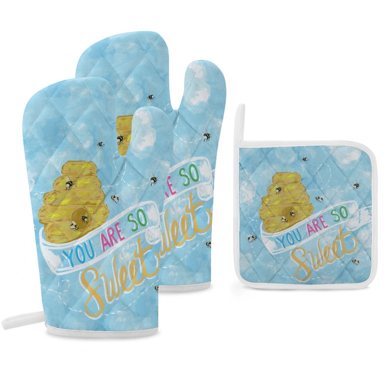 You Are So Sweet Bee Oven Mitts & Pot Holder Set - Blue Cava