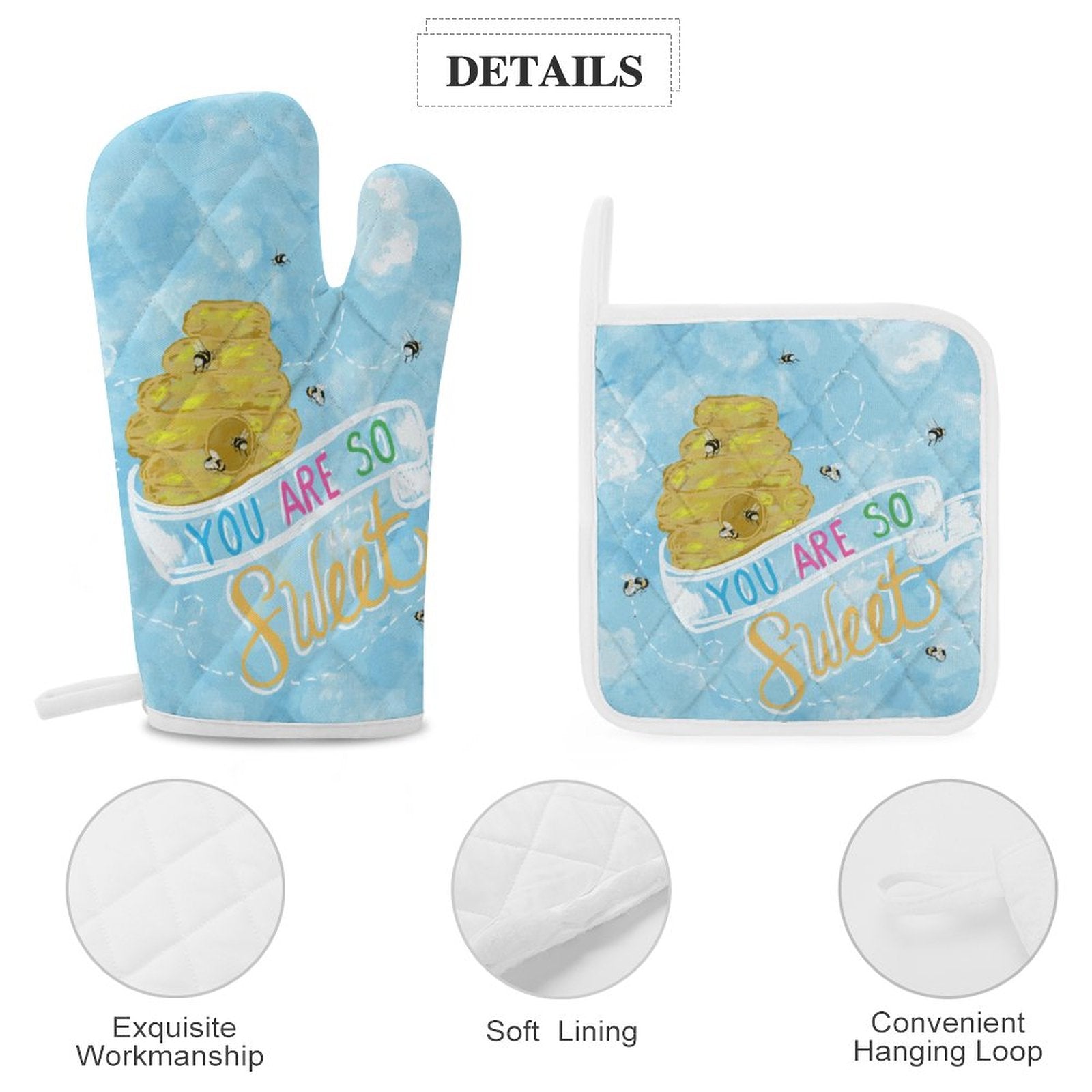 You Are So Sweet Bee Oven Mitts & Pot Holder Set - Blue Cava