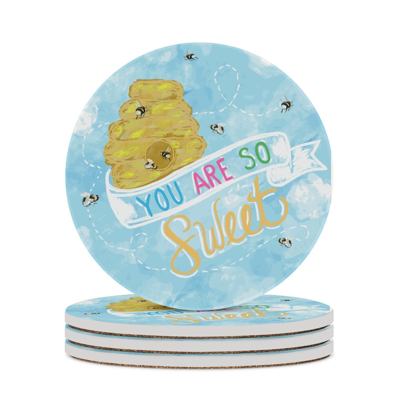 You Are So Sweet Bee Round Ceramic Coaster - Blue Cava