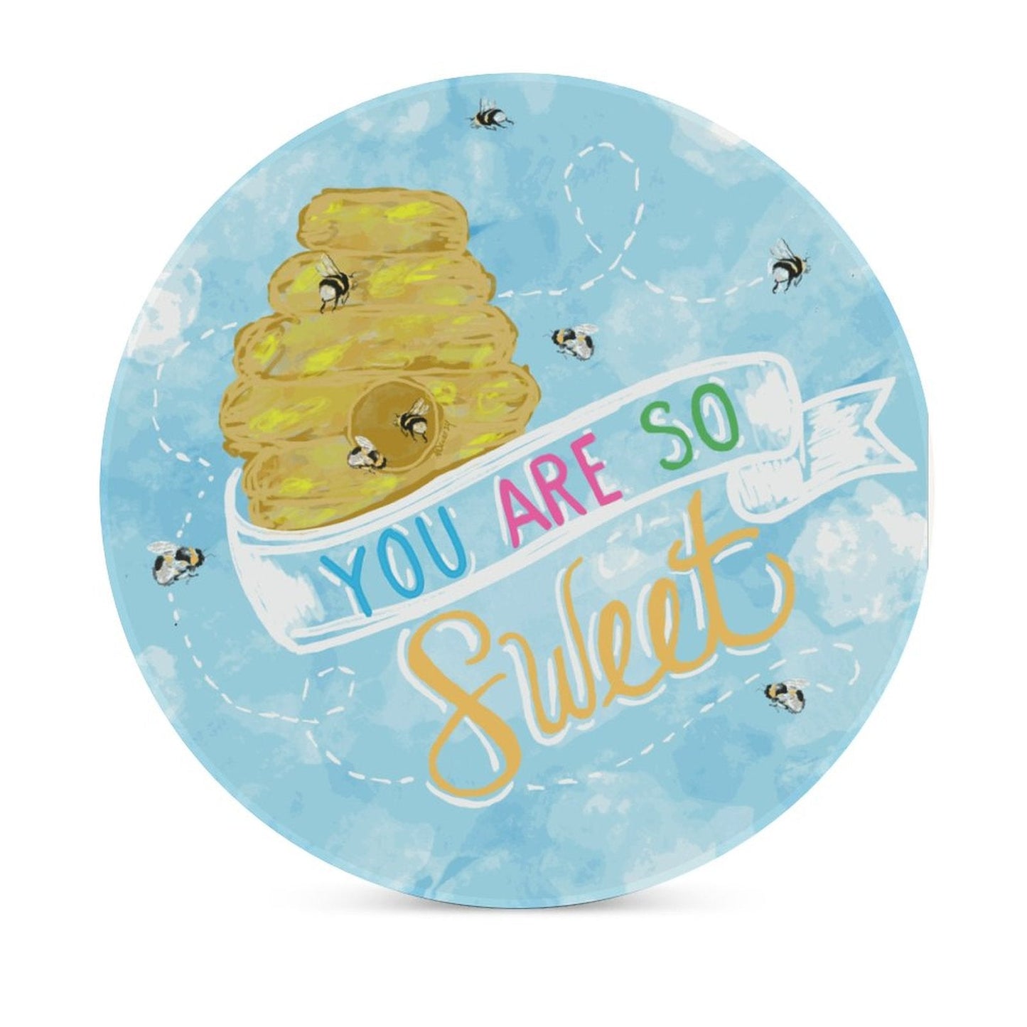 You Are So Sweet Bee Round Ceramic Coaster - Blue Cava