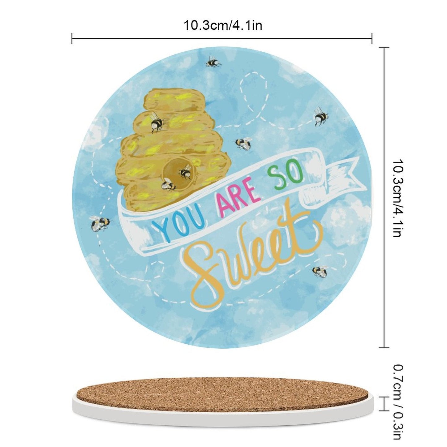 You Are So Sweet Bee Round Ceramic Coaster - Blue Cava