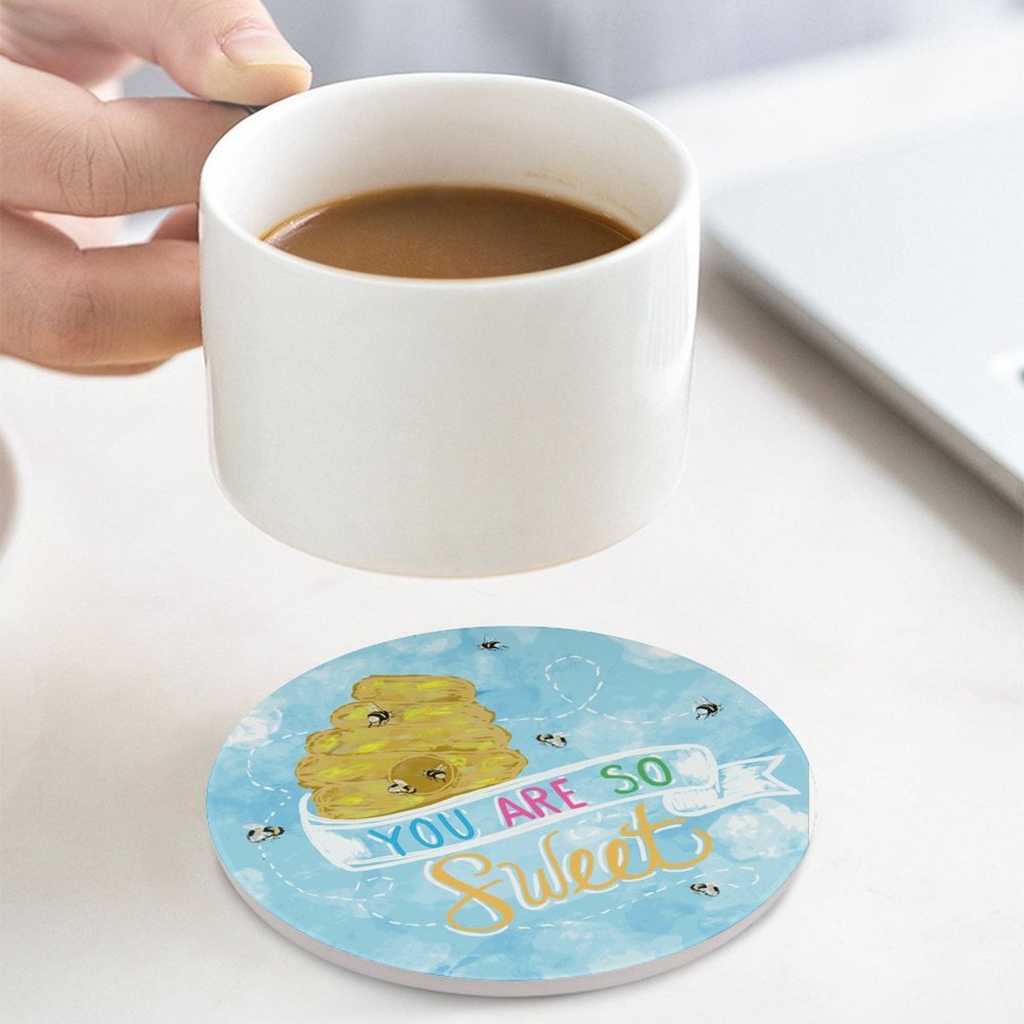 You Are So Sweet Bee Round Ceramic Coaster - Blue Cava