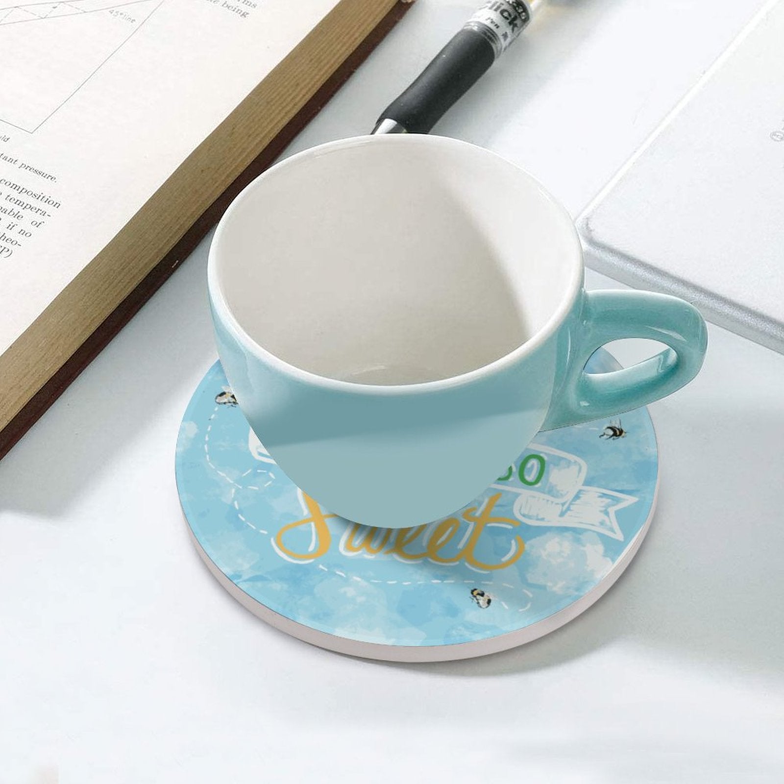 You Are So Sweet Bee Round Ceramic Coaster - Blue Cava