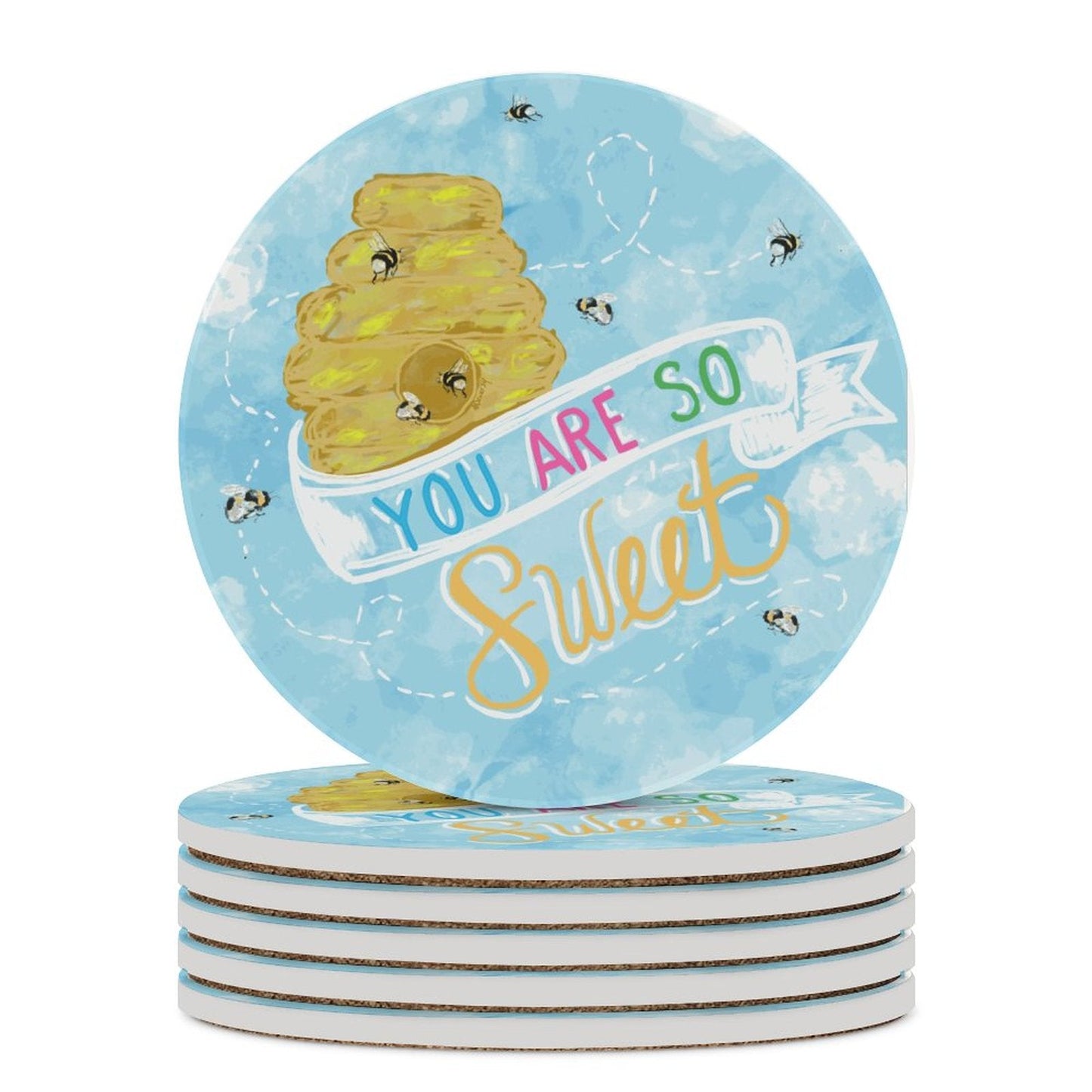 You Are So Sweet Bee Round Ceramic Coaster - Blue Cava