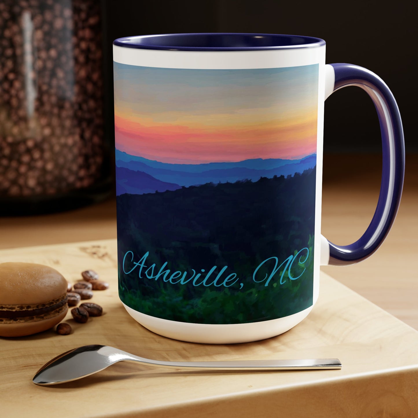 Asheville NC Two-Tone Coffee Mugs, 15oz - Blue Cava