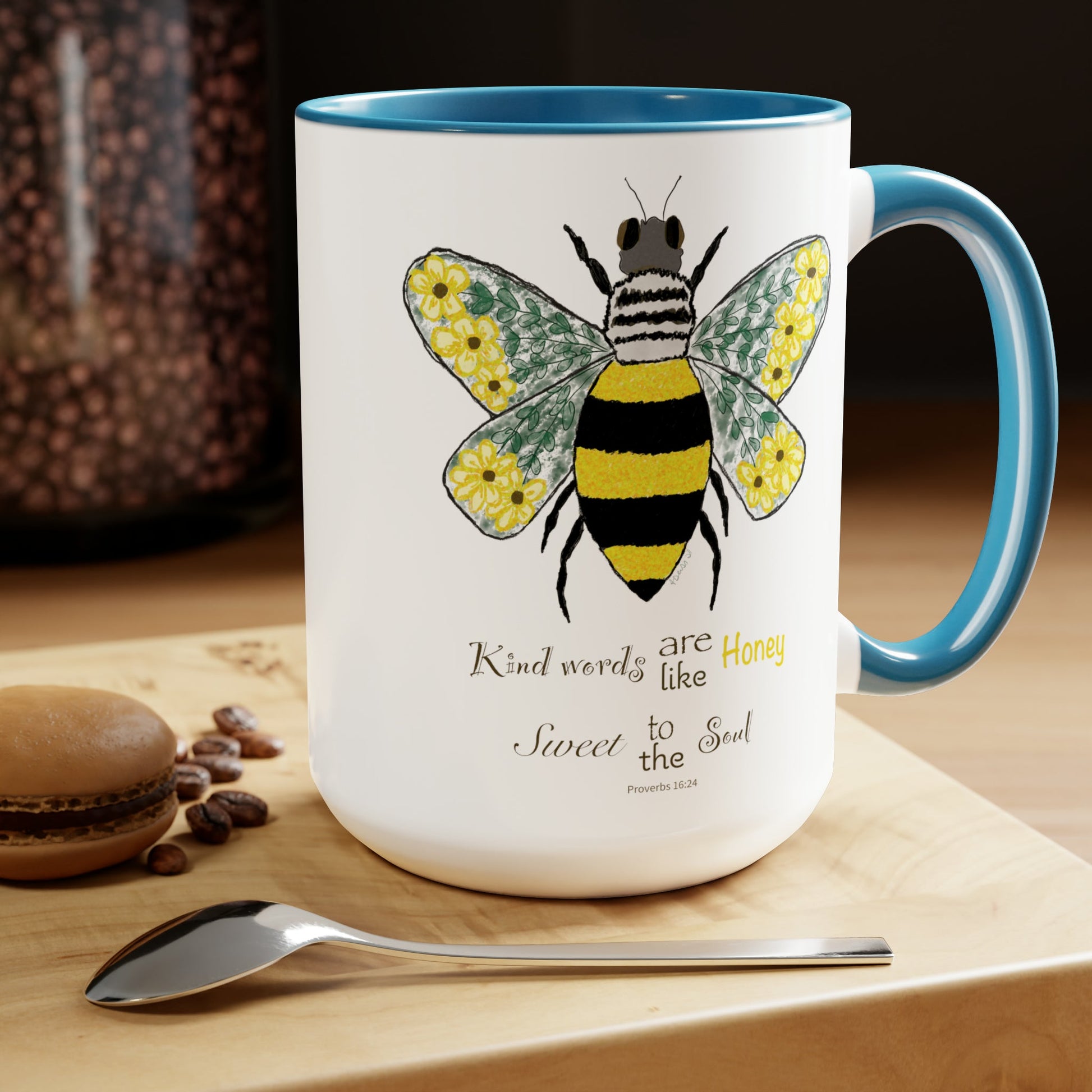 Bee Flower Two-Tone Coffee Mugs, 15oz - Blue Cava