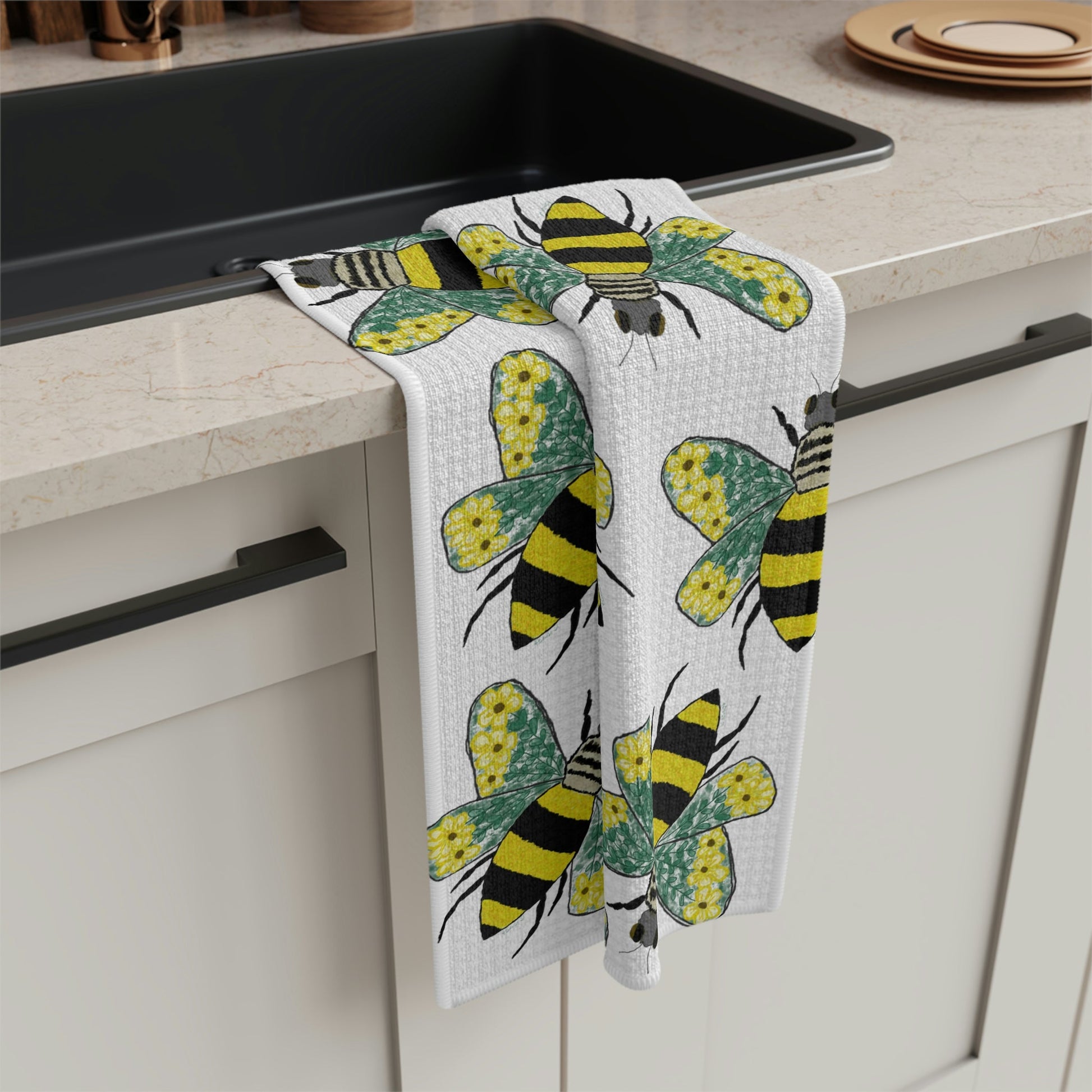 Bee Flowers Microfiber Waffle Towel - Blue Cava