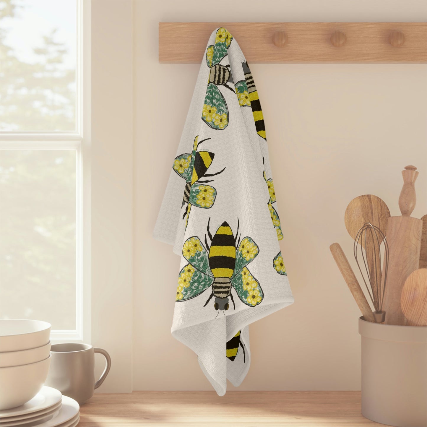 Bee Flowers Microfiber Waffle Towel - Blue Cava