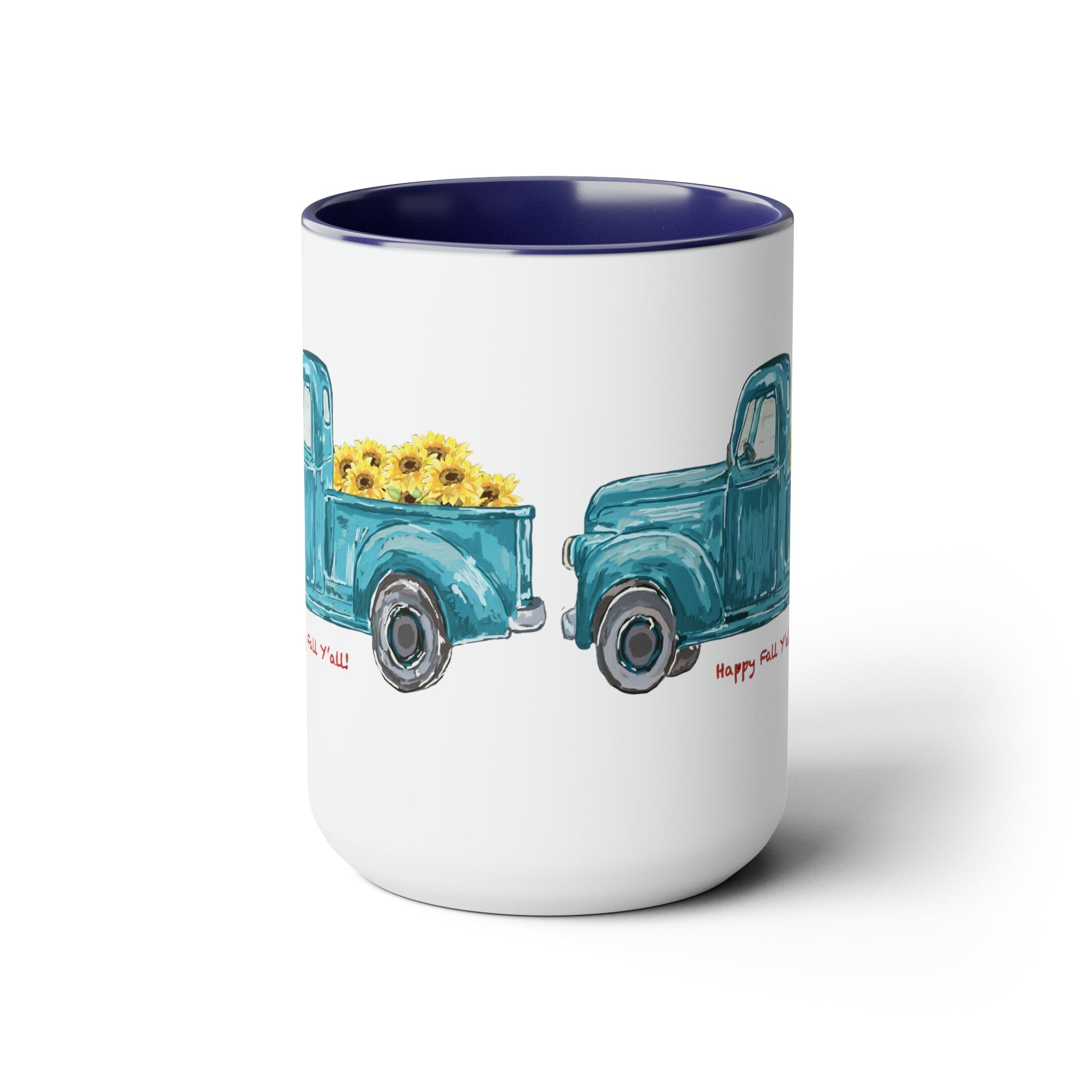 Fall Sunflower Truck Two-Tone Coffee Mugs, 15oz - Blue Cava