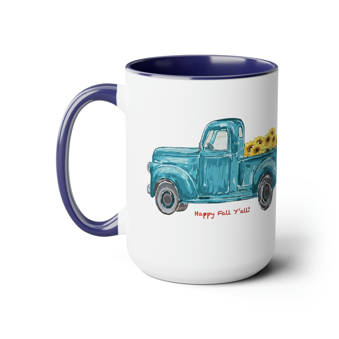 Fall Sunflower Truck Two-Tone Coffee Mugs, 15oz - Blue Cava