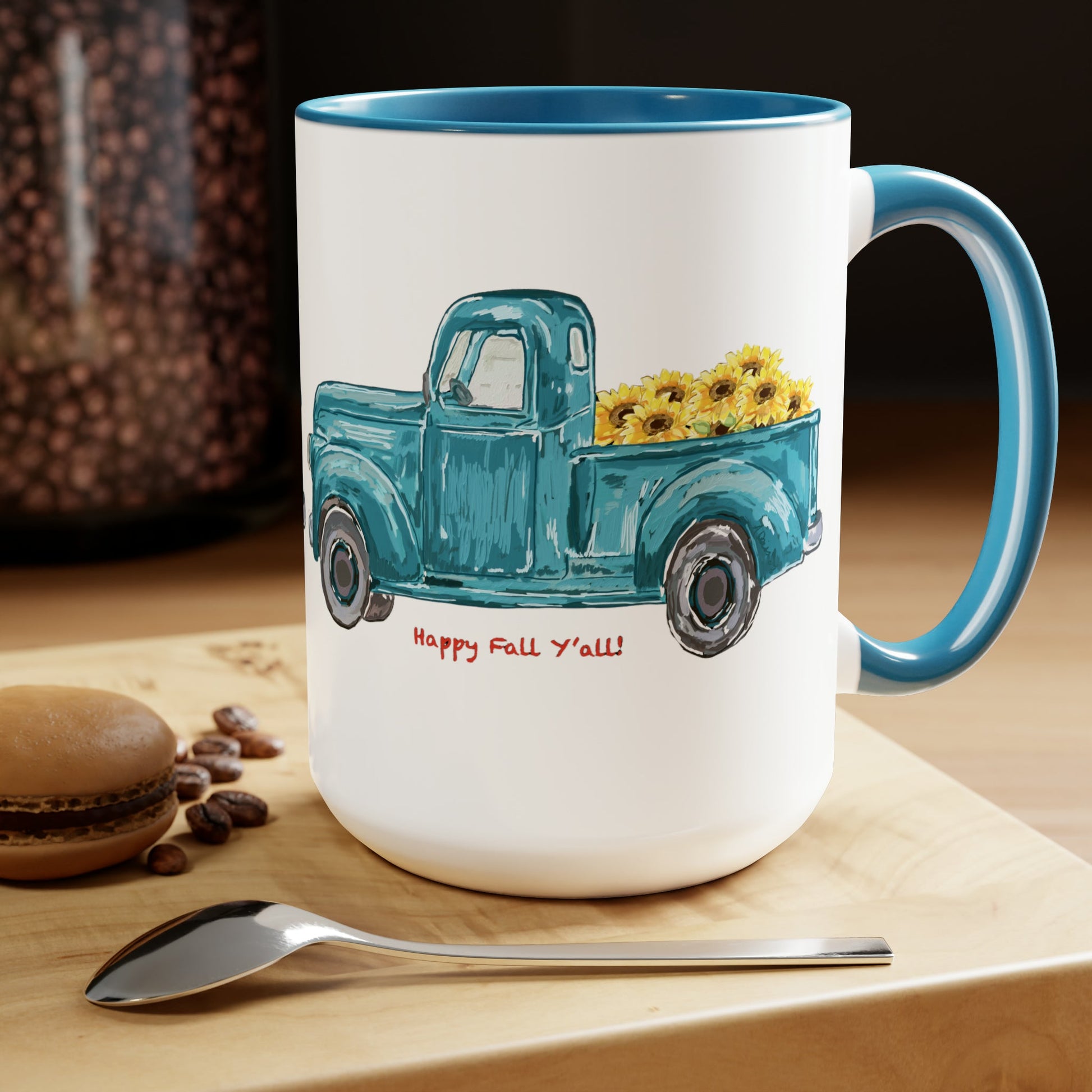 Fall Sunflower Truck Two-Tone Coffee Mugs, 15oz - Blue Cava