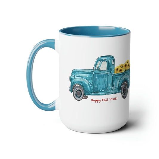 Fall Sunflower Truck Two-Tone Coffee Mugs, 15oz - Blue Cava