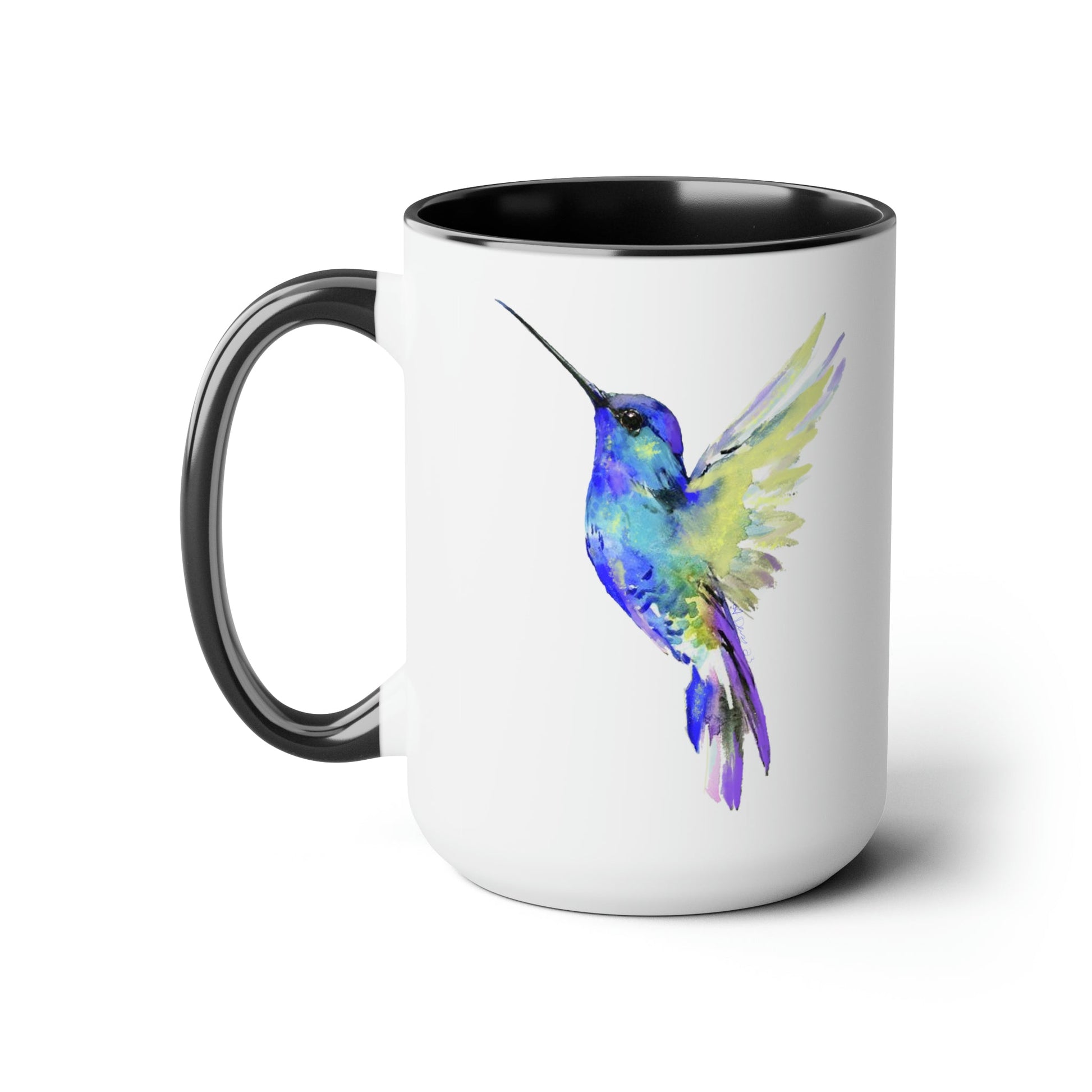 “Flossie” Hummingbird Two-Tone Coffee Mugs, 15oz - Blue Cava