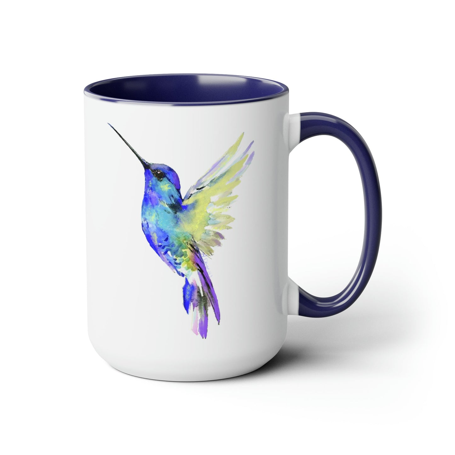 “Flossie” Hummingbird Two-Tone Coffee Mugs, 15oz - Blue Cava