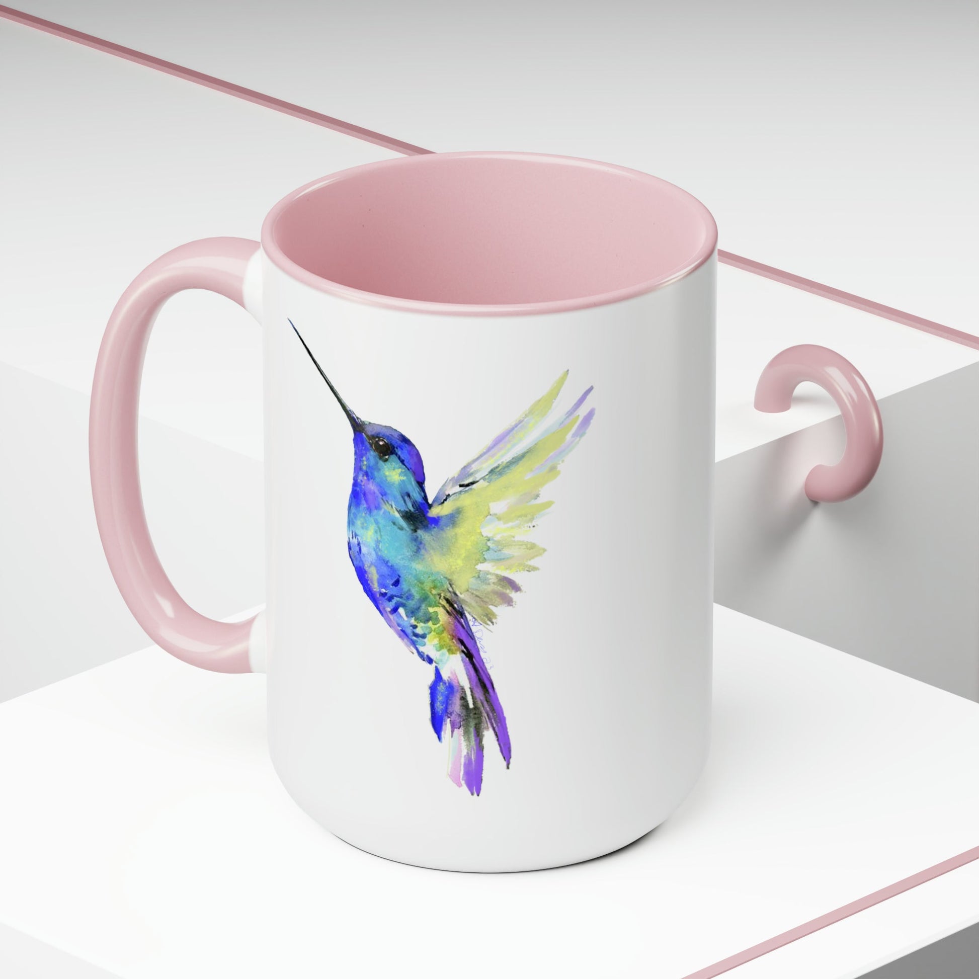 “Flossie” Hummingbird Two-Tone Coffee Mugs, 15oz - Blue Cava