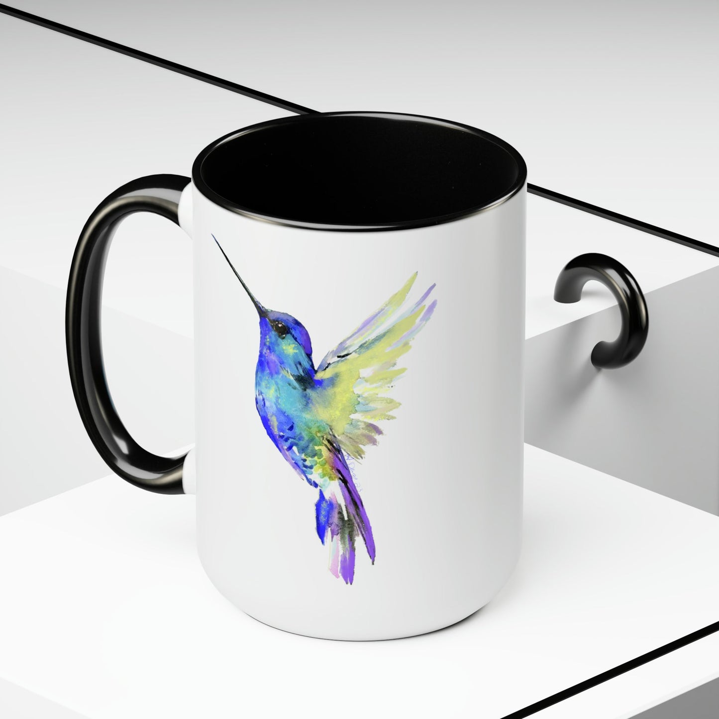 “Flossie” Hummingbird Two-Tone Coffee Mugs, 15oz - Blue Cava