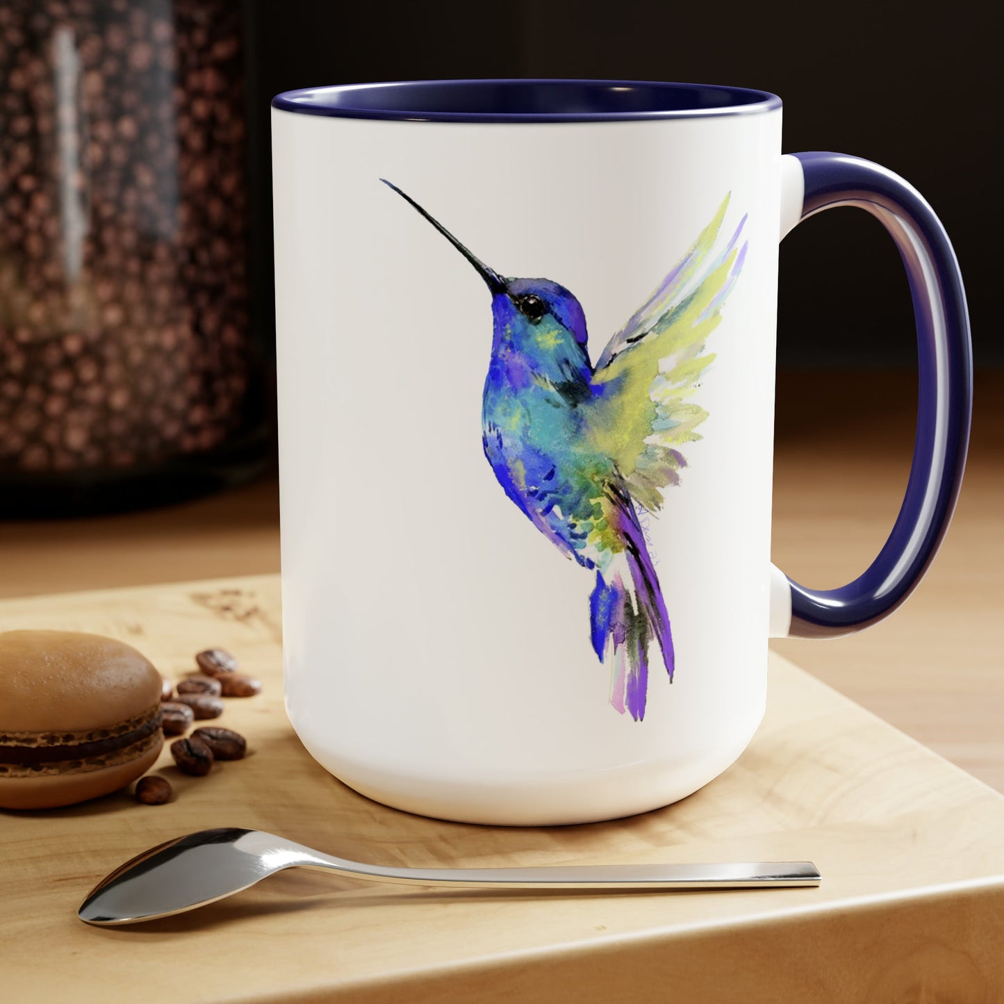 “Flossie” Hummingbird Two-Tone Coffee Mugs, 15oz - Blue Cava