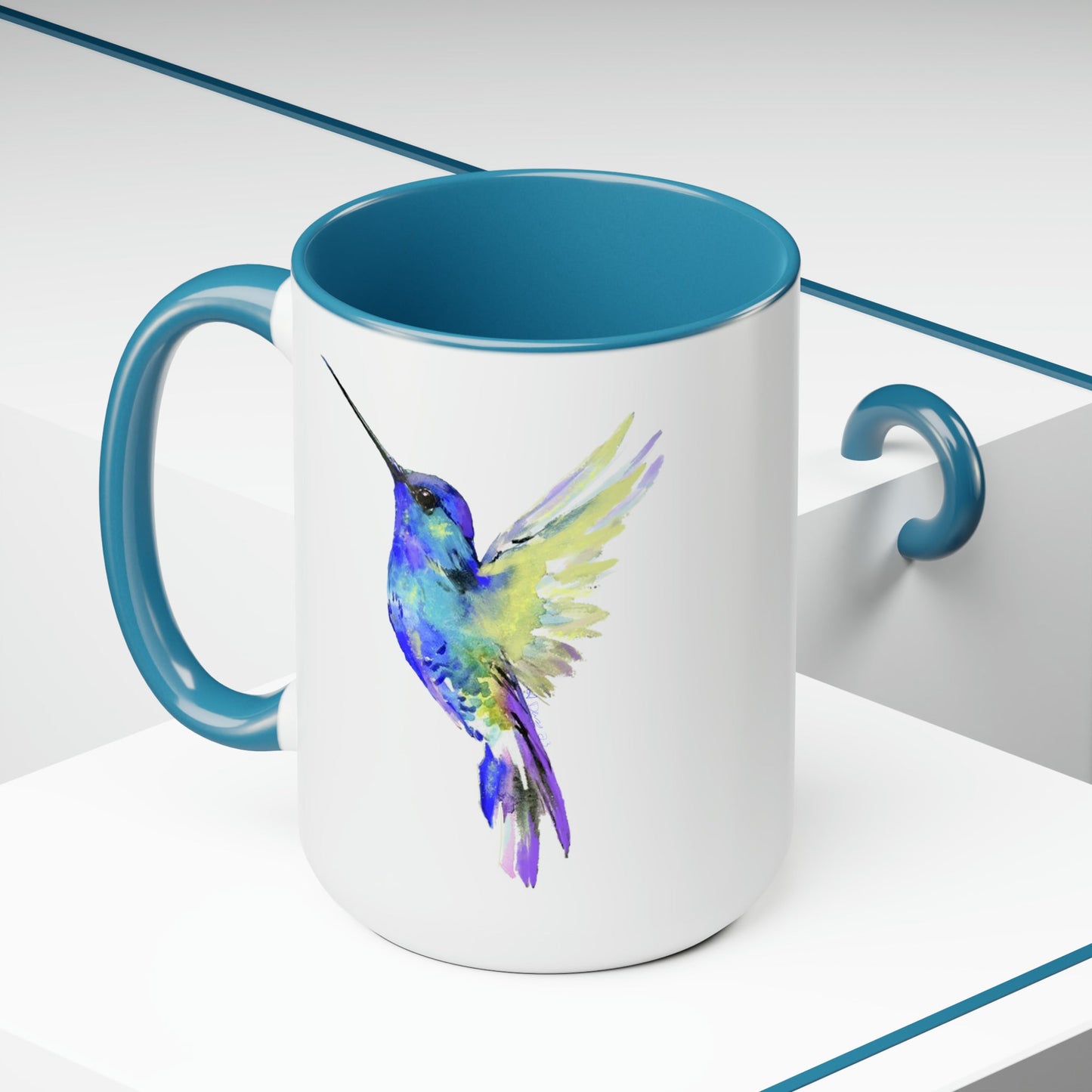 “Flossie” Hummingbird Two-Tone Coffee Mugs, 15oz - Blue Cava