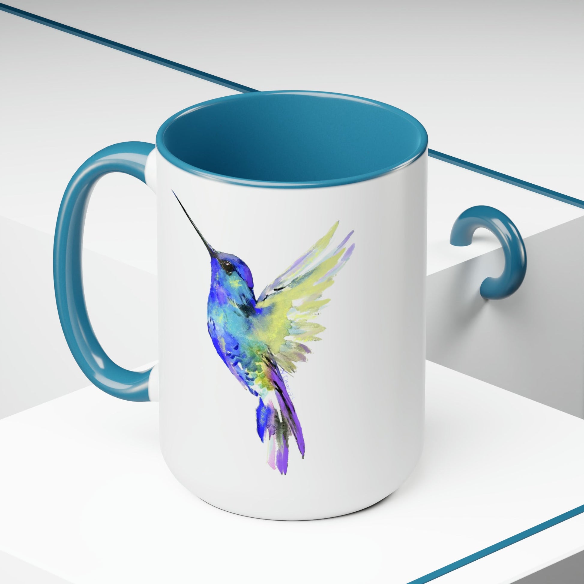 “Flossie” Hummingbird Two-Tone Coffee Mugs, 15oz - Blue Cava