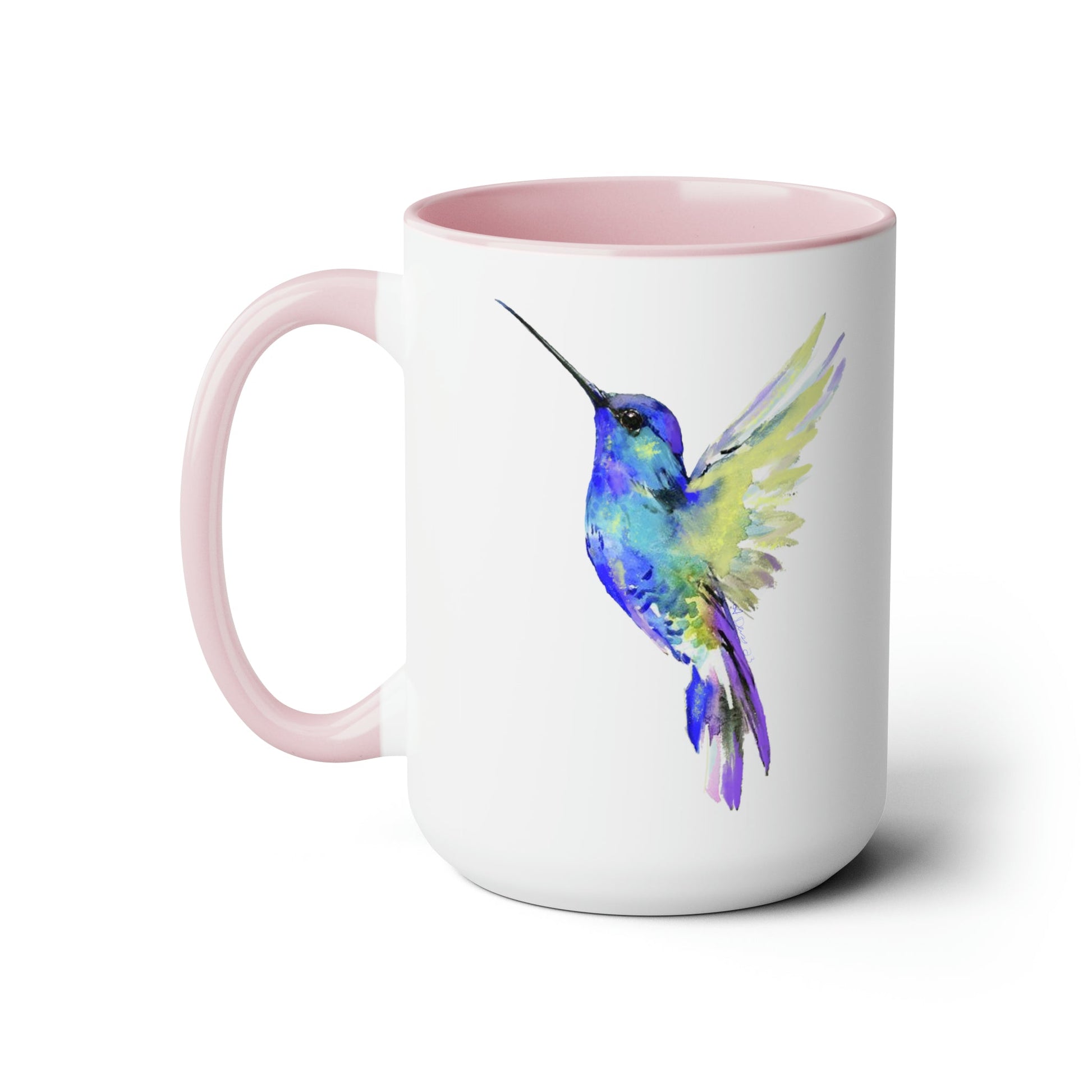 “Flossie” Hummingbird Two-Tone Coffee Mugs, 15oz - Blue Cava