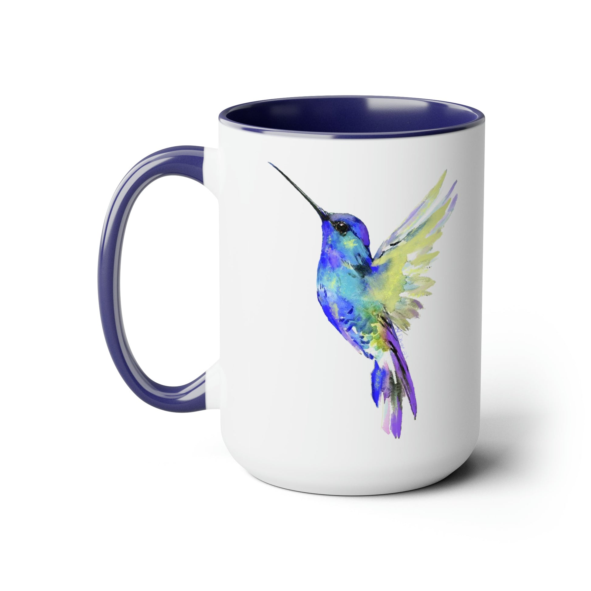 “Flossie” Hummingbird Two-Tone Coffee Mugs, 15oz - Blue Cava