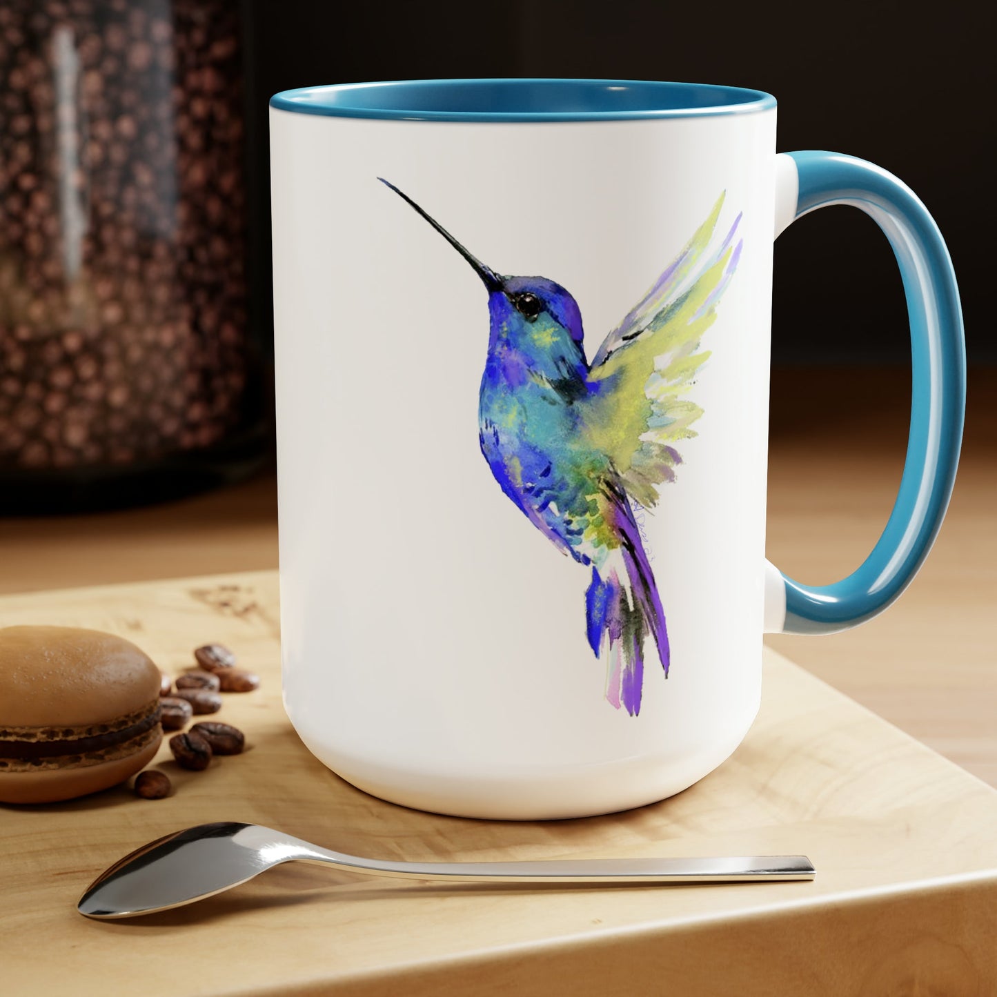 “Flossie” Hummingbird Two-Tone Coffee Mugs, 15oz - Blue Cava