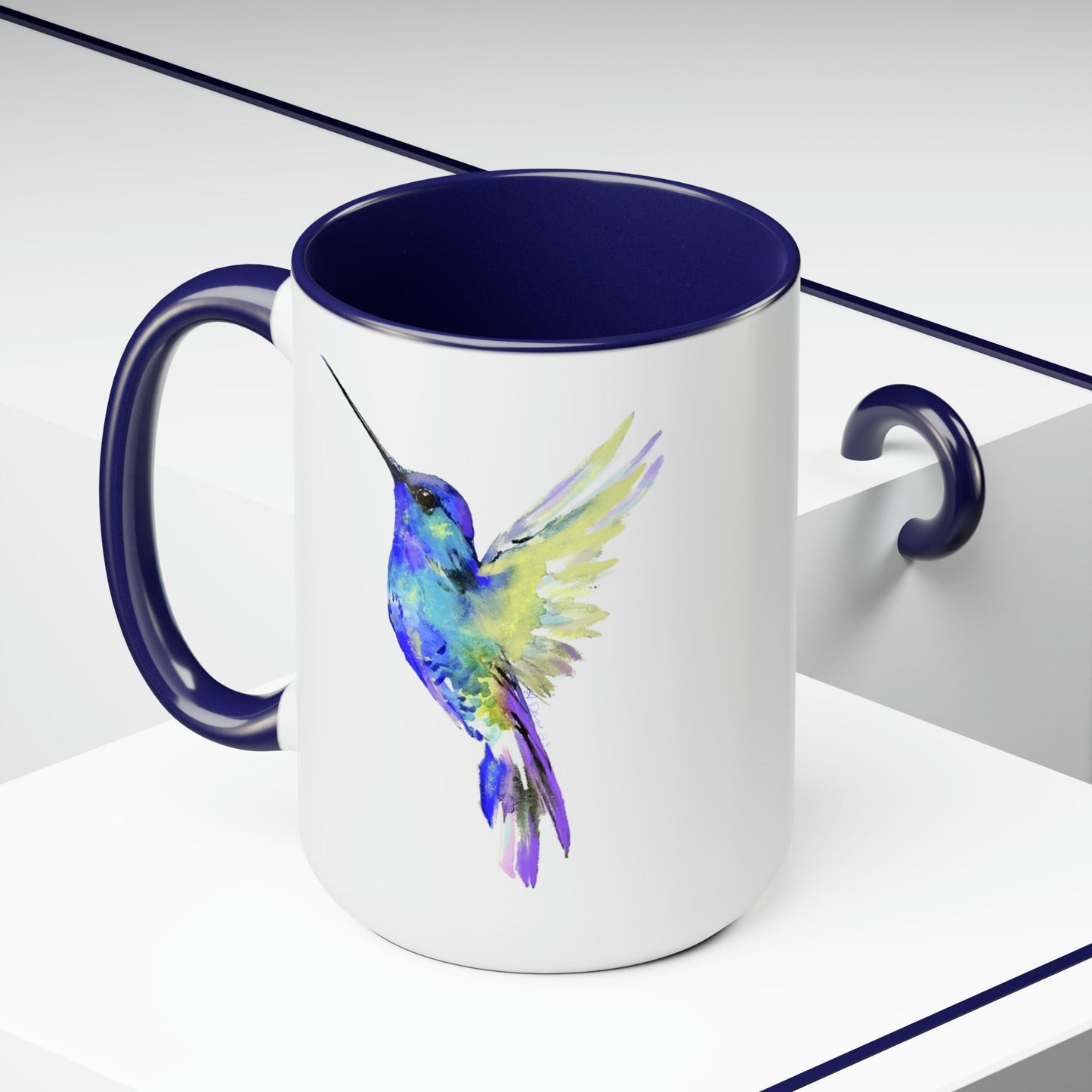 “Flossie” Hummingbird Two-Tone Coffee Mugs, 15oz - Blue Cava