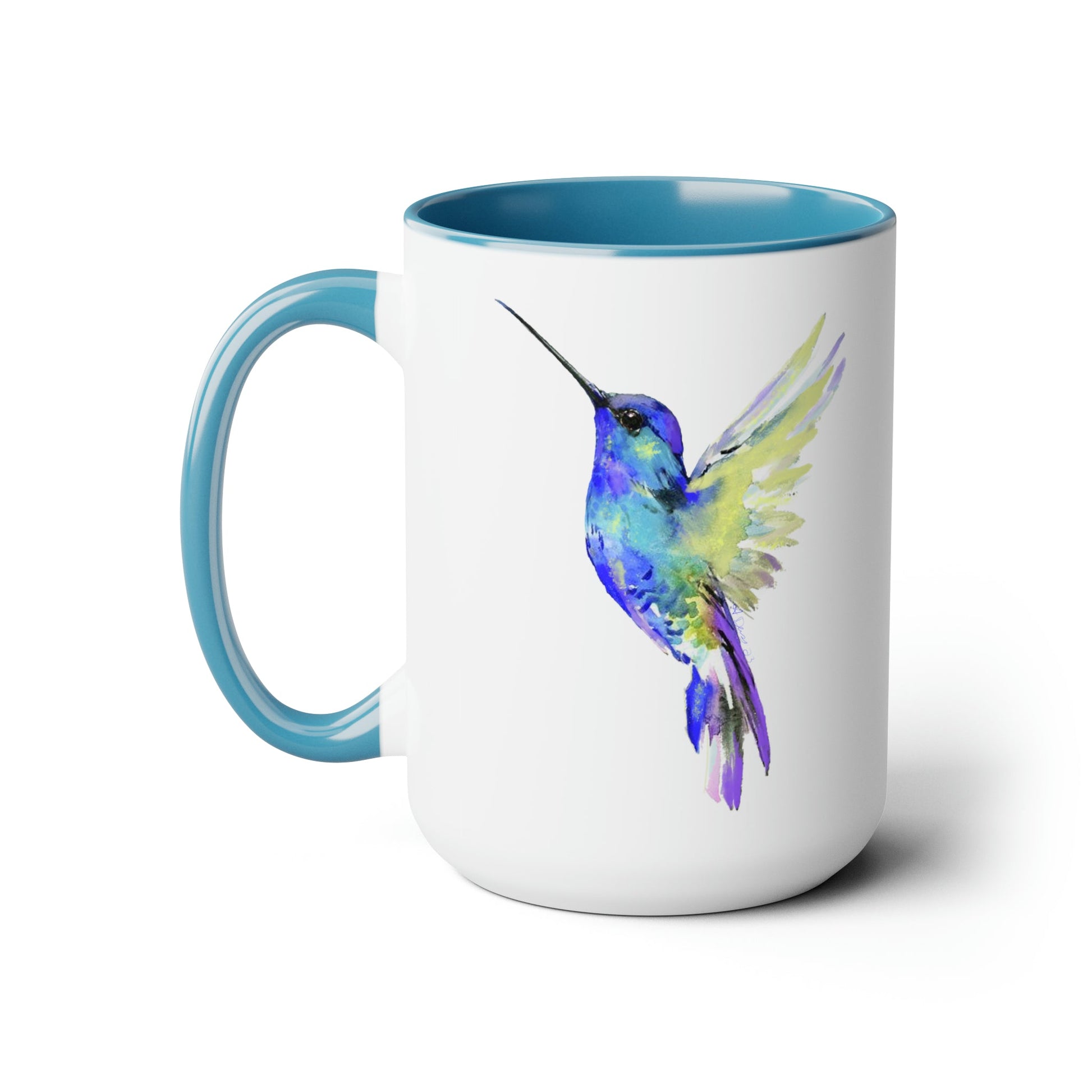 “Flossie” Hummingbird Two-Tone Coffee Mugs, 15oz - Blue Cava