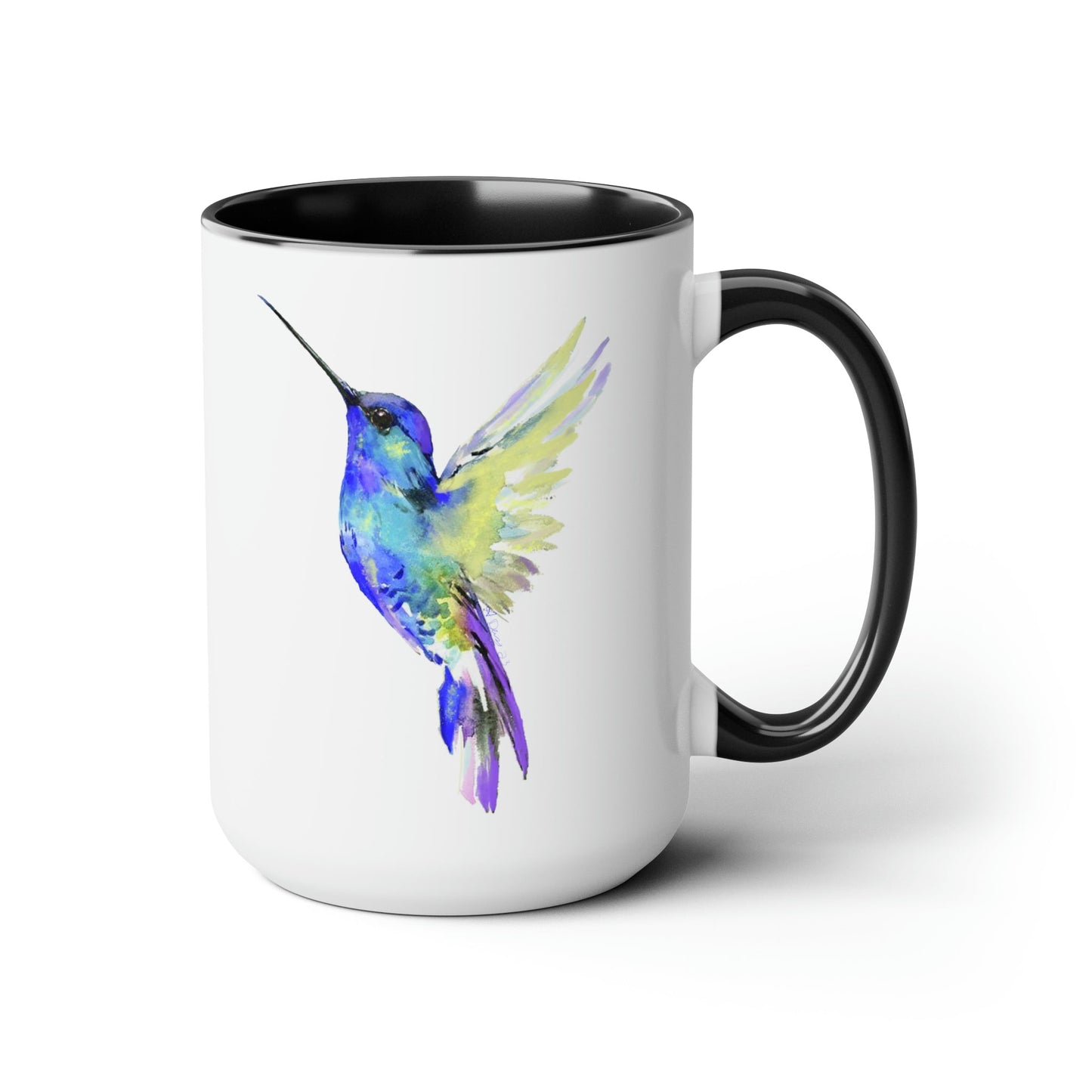 “Flossie” Hummingbird Two-Tone Coffee Mugs, 15oz - Blue Cava