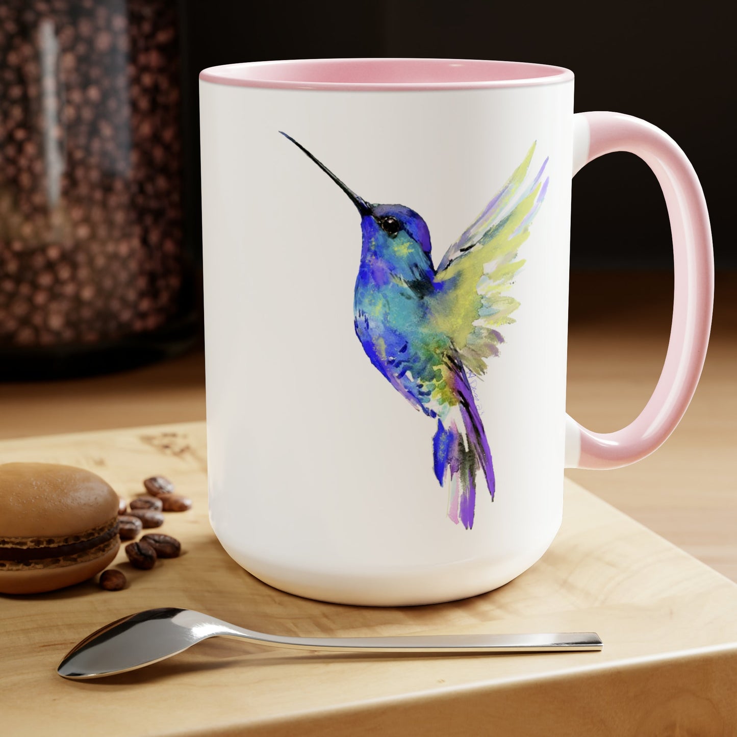 “Flossie” Hummingbird Two-Tone Coffee Mugs, 15oz - Blue Cava