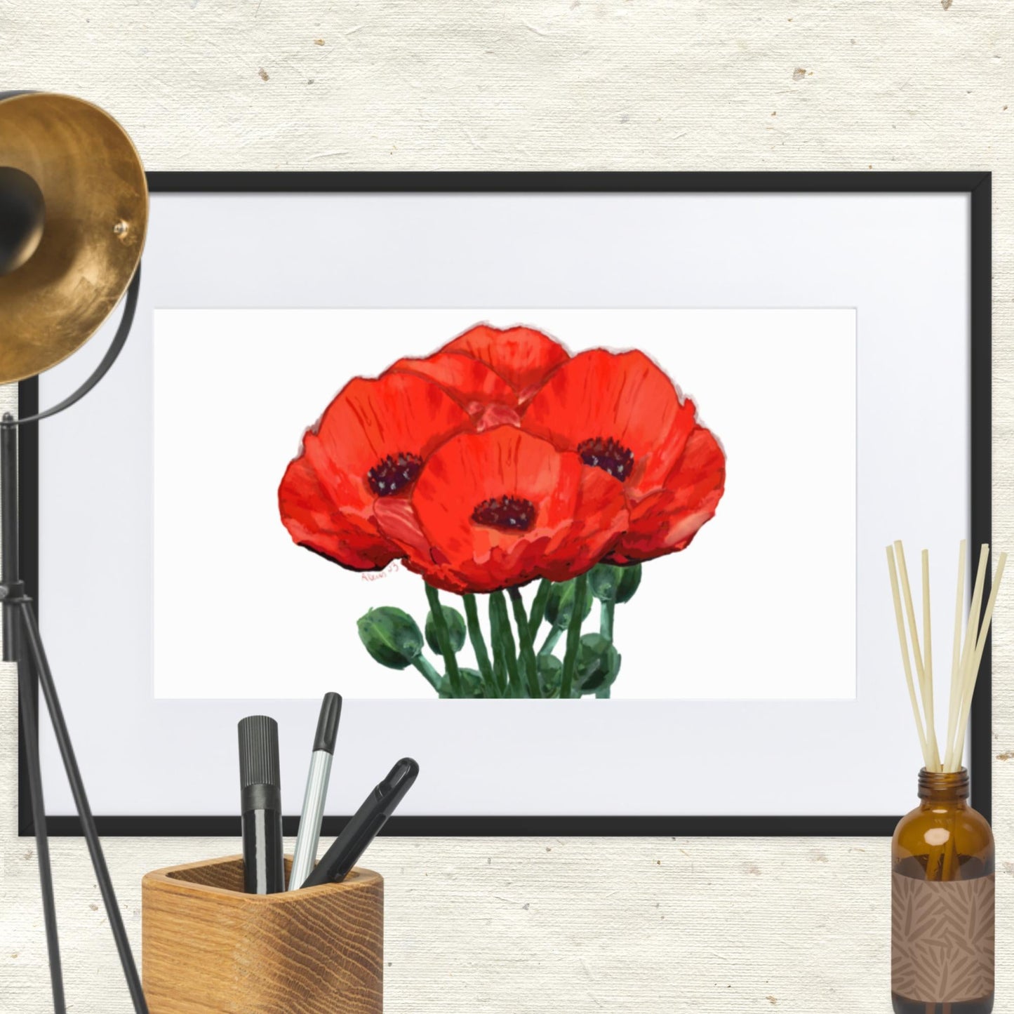 Poppies Framed Art With Mat - Blue Cava