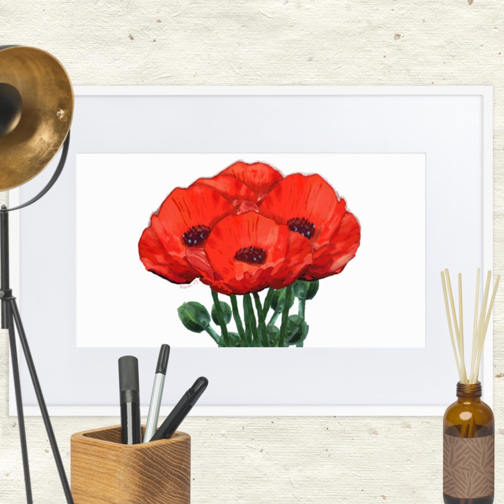 Poppies Framed Art With Mat - Blue Cava