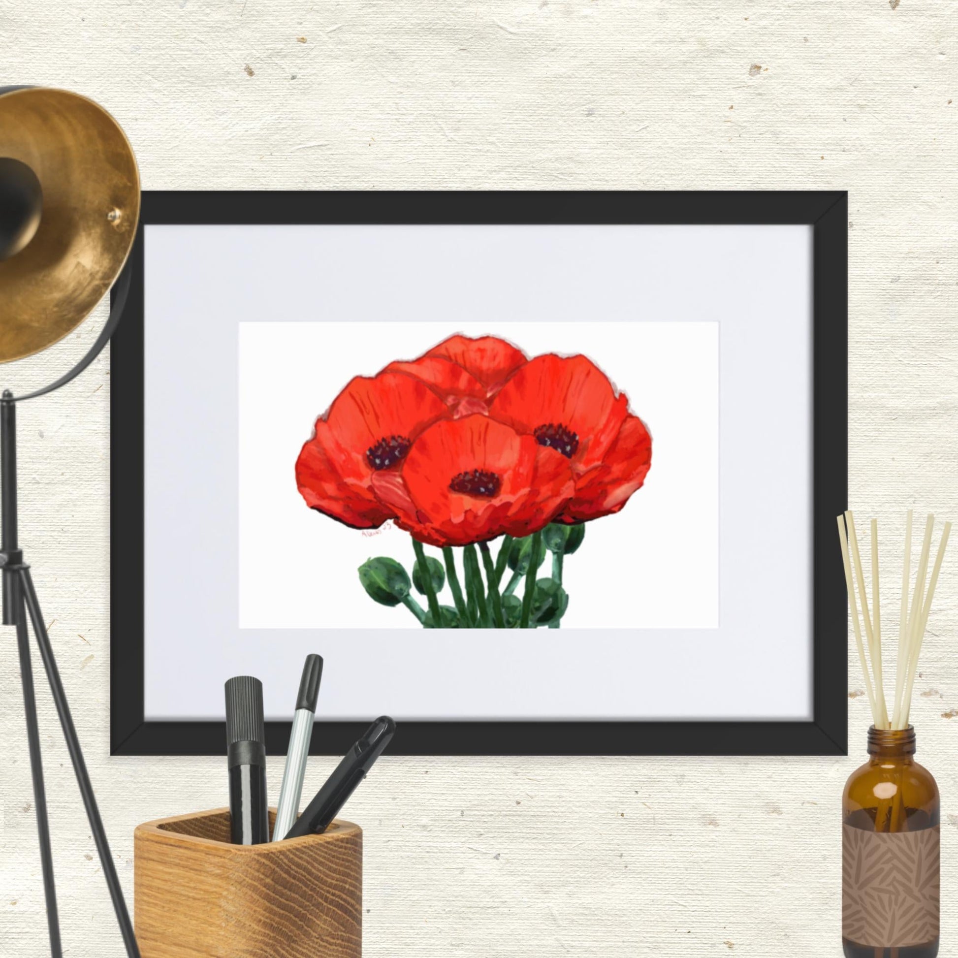 Poppies Framed Art With Mat - Blue Cava