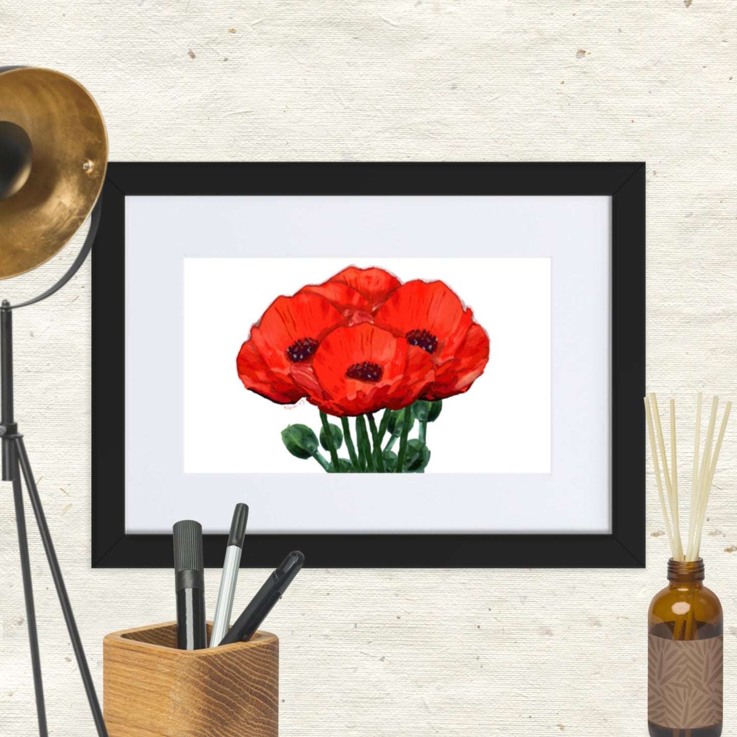 Poppies Framed Art With Mat - Blue Cava