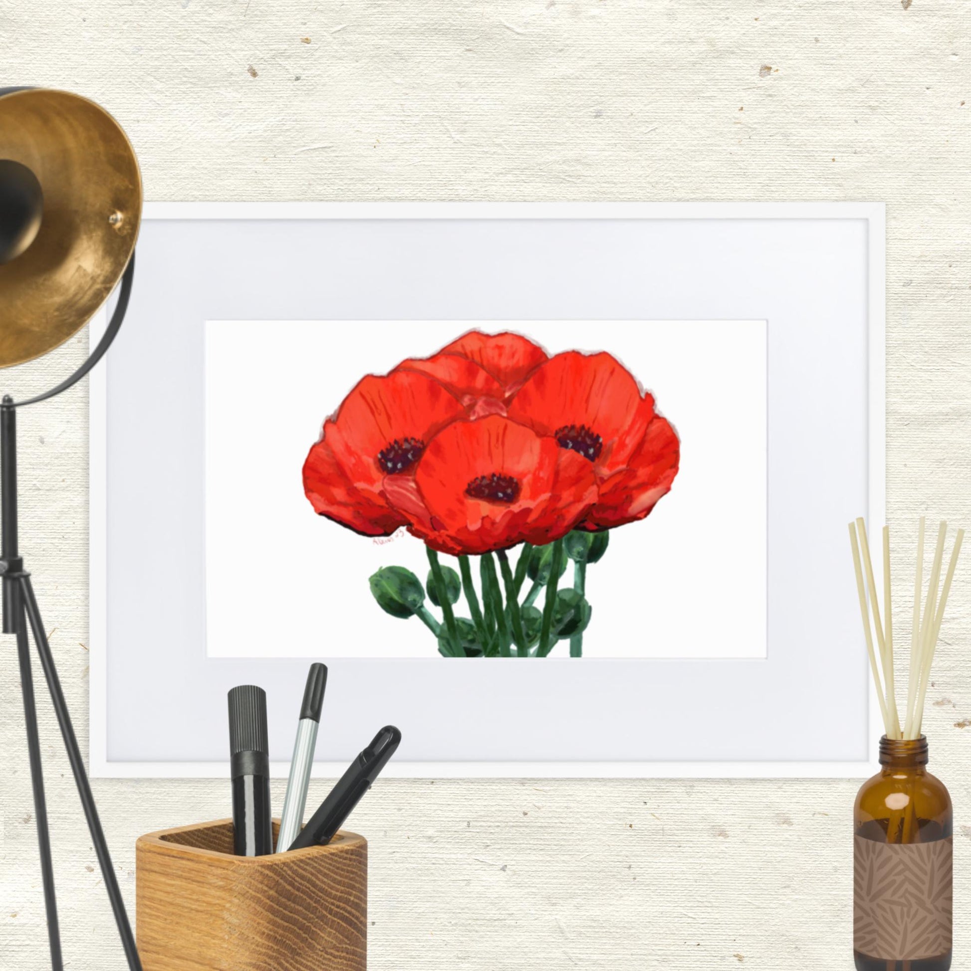 Poppies Framed Art With Mat - Blue Cava