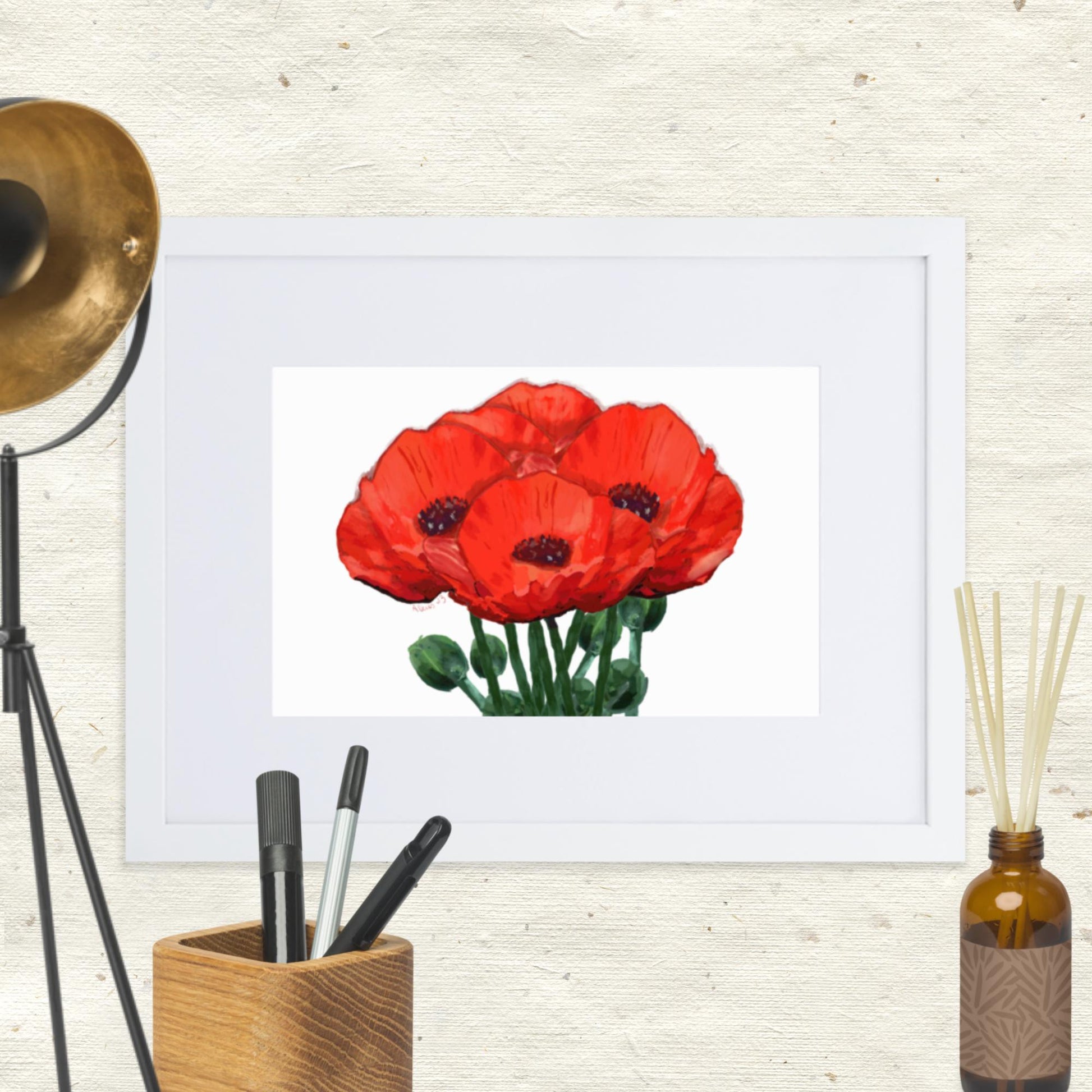 Poppies Framed Art With Mat - Blue Cava