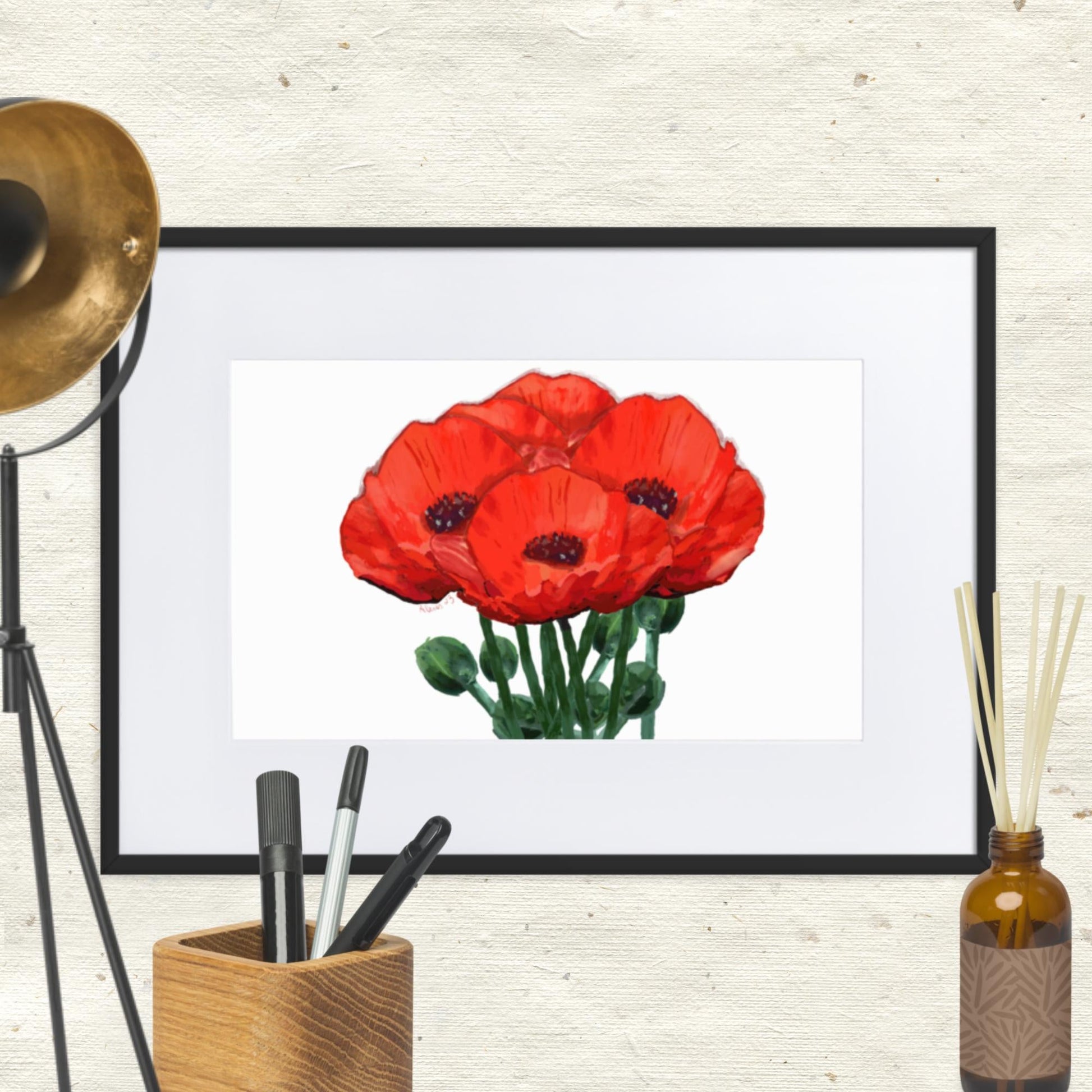 Poppies Framed Art With Mat - Blue Cava