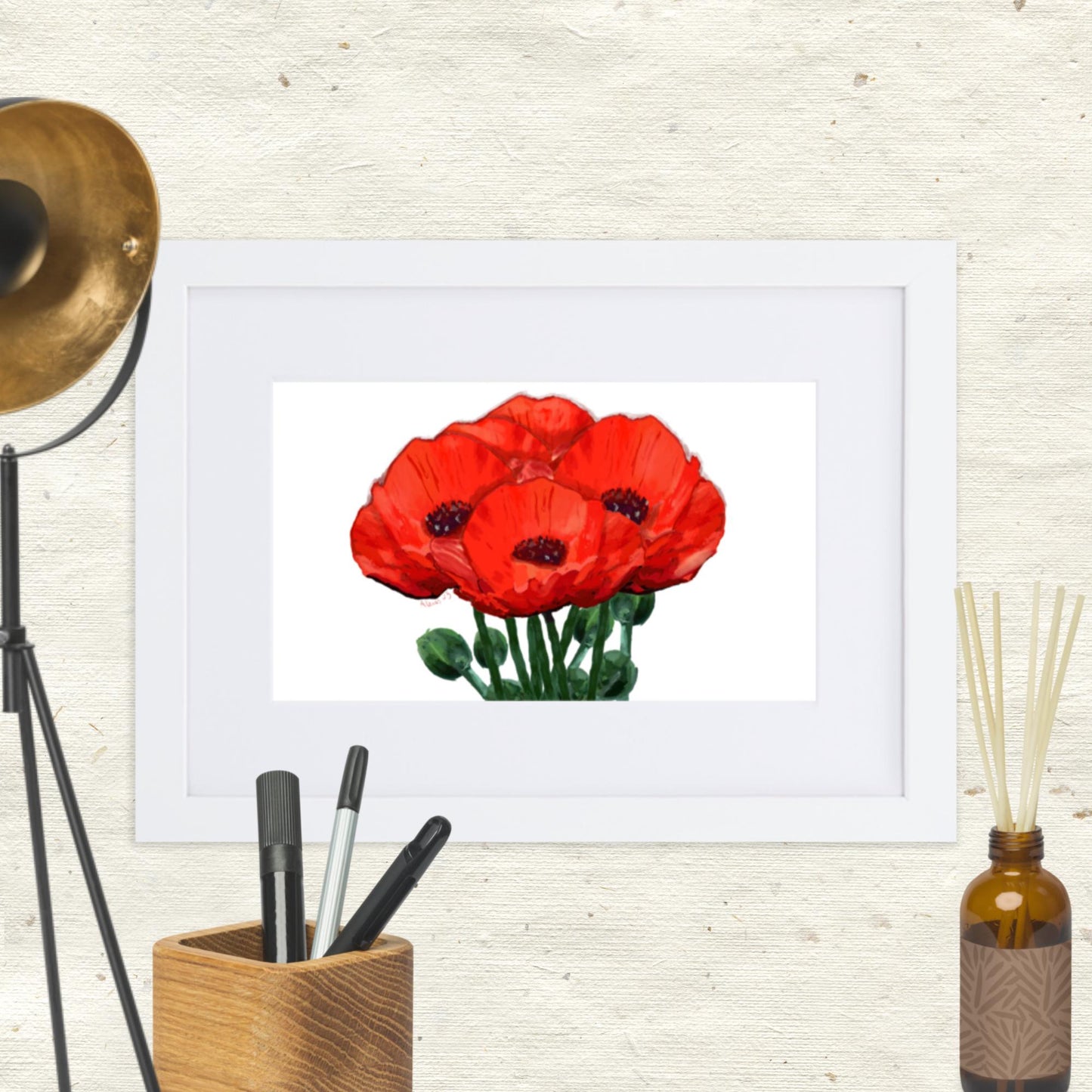 Poppies Framed Art With Mat - Blue Cava