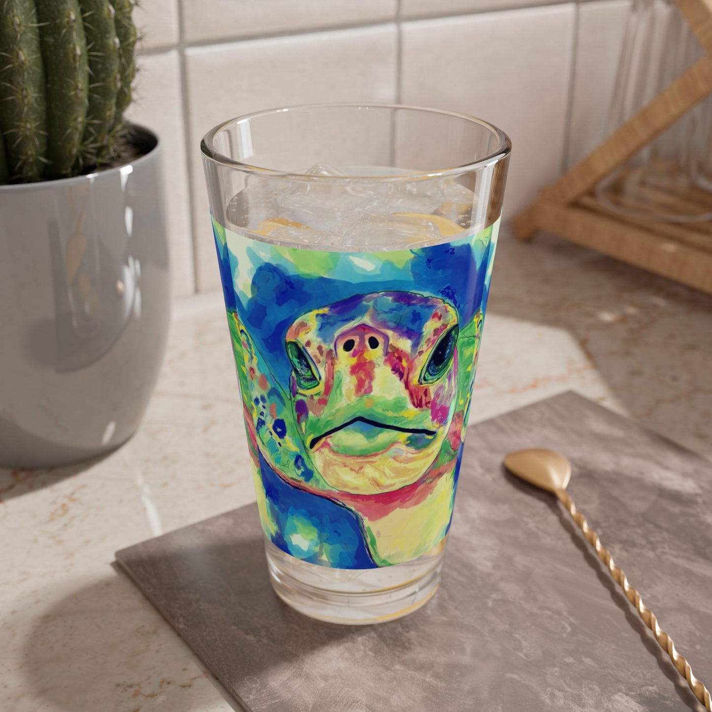 Rainbow Sea Turtle Glass, 16oz - Blue Cava