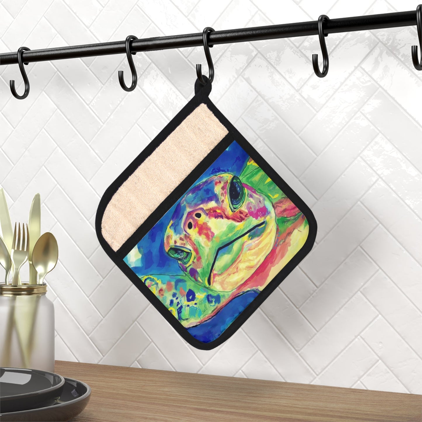 Rainbow Sea Turtle Pot Holder with Pocket - Blue Cava