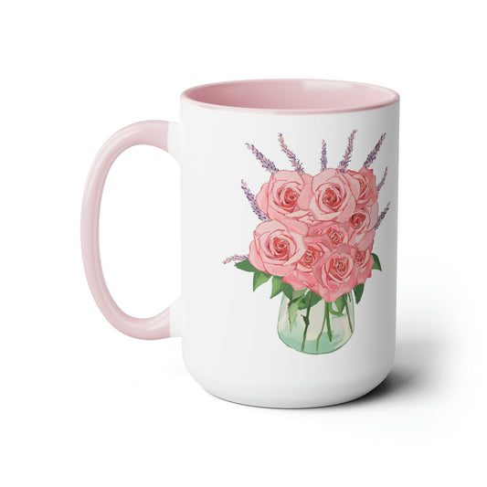 Rose Bouquet Two-Tone Coffee Mugs, 15oz - Blue Cava