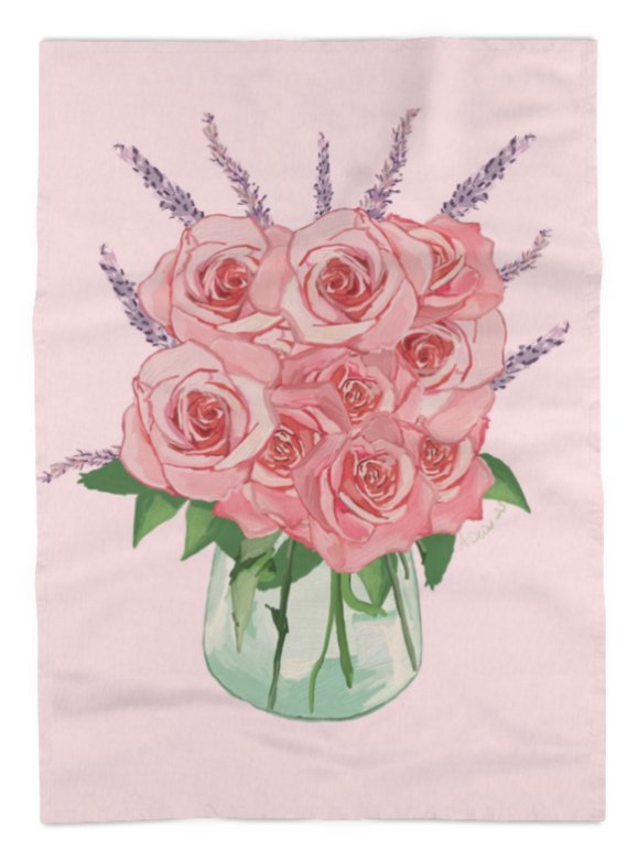 Roses and Lavender Linen Towel - Blue Cava