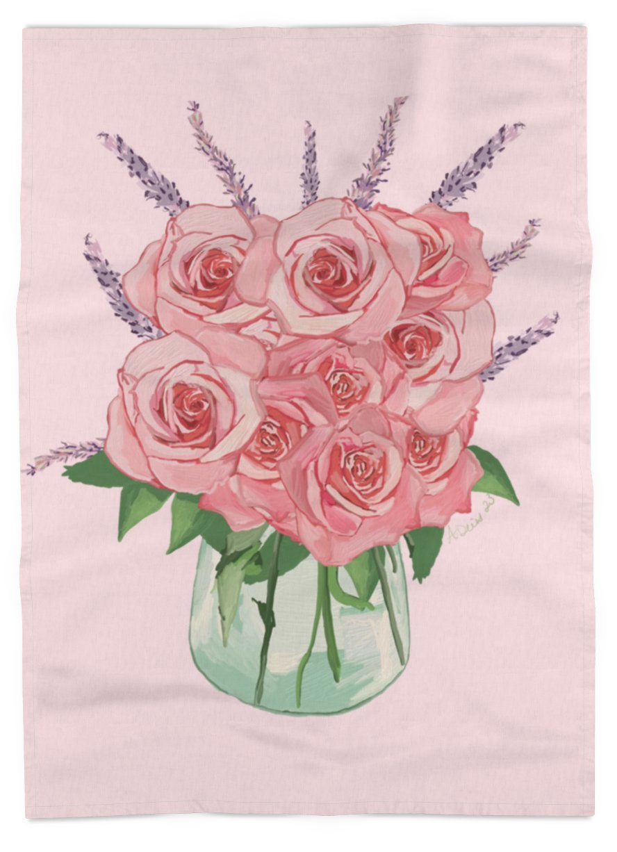 Roses and Lavender Linen Towel - Blue Cava